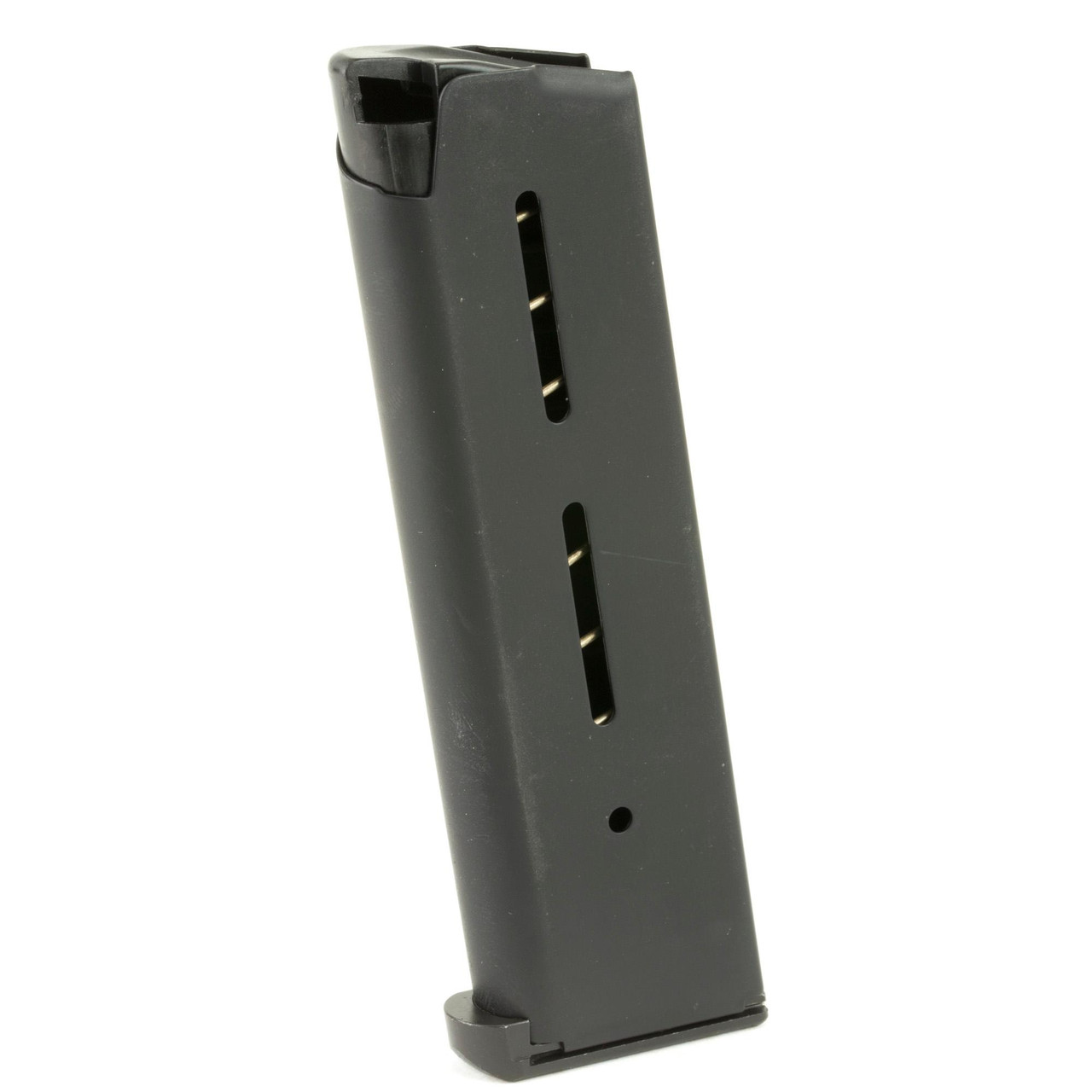 Wilson Combat 47DCB 1911 Magazine, black metal magazine with two vertical windows showing the rounds inside, designed for reliability and durability for serious shooters.