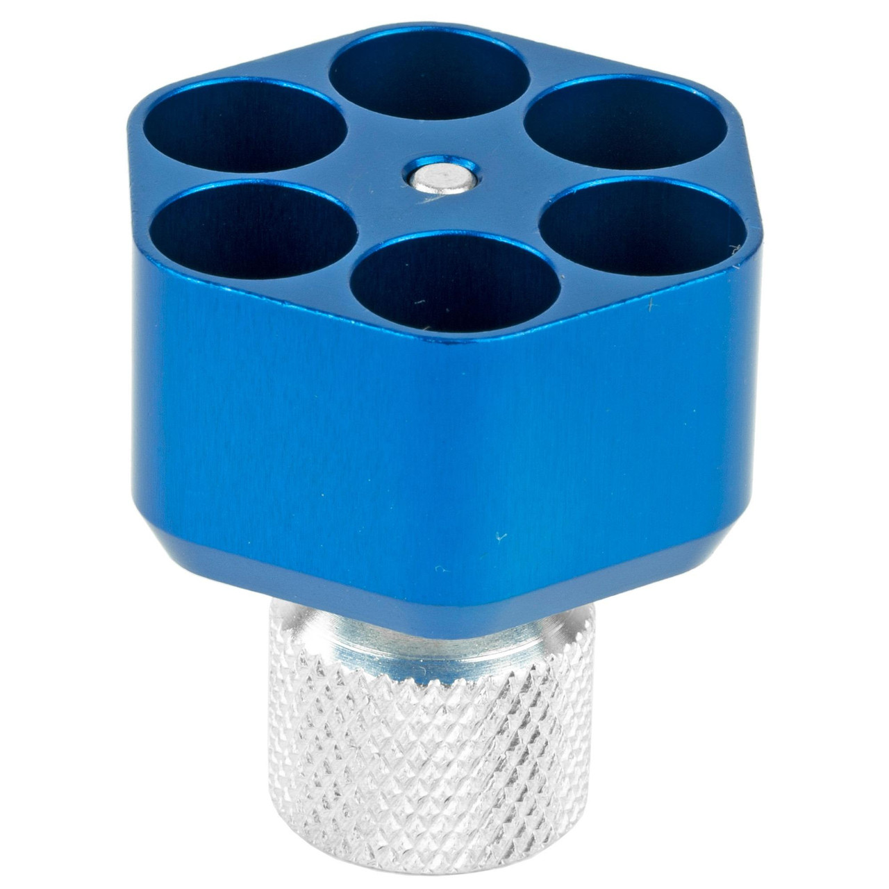 Pachmayr 2654 CNC Machined Aluminum Revolver Speed Loaders, Twist Knob Release, No Rattle Design, blue and silver, high-quality construction with round holes for quick reloading.