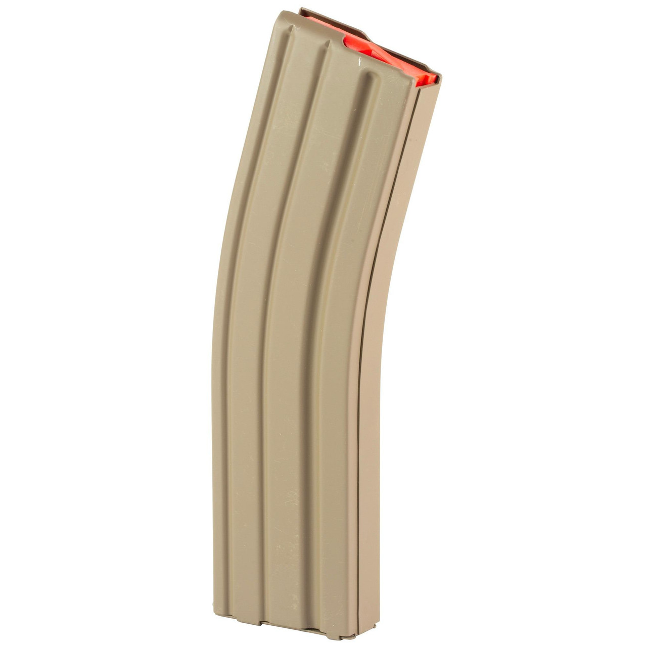 Global Ordnance 810091000000 - Military Grade Steel Magazine with Red Anti-Tilt Follower & Flat Dark Earth Finish for Long Term Storage, tan-colored firearm magazine with curved design and reinforced ribs.