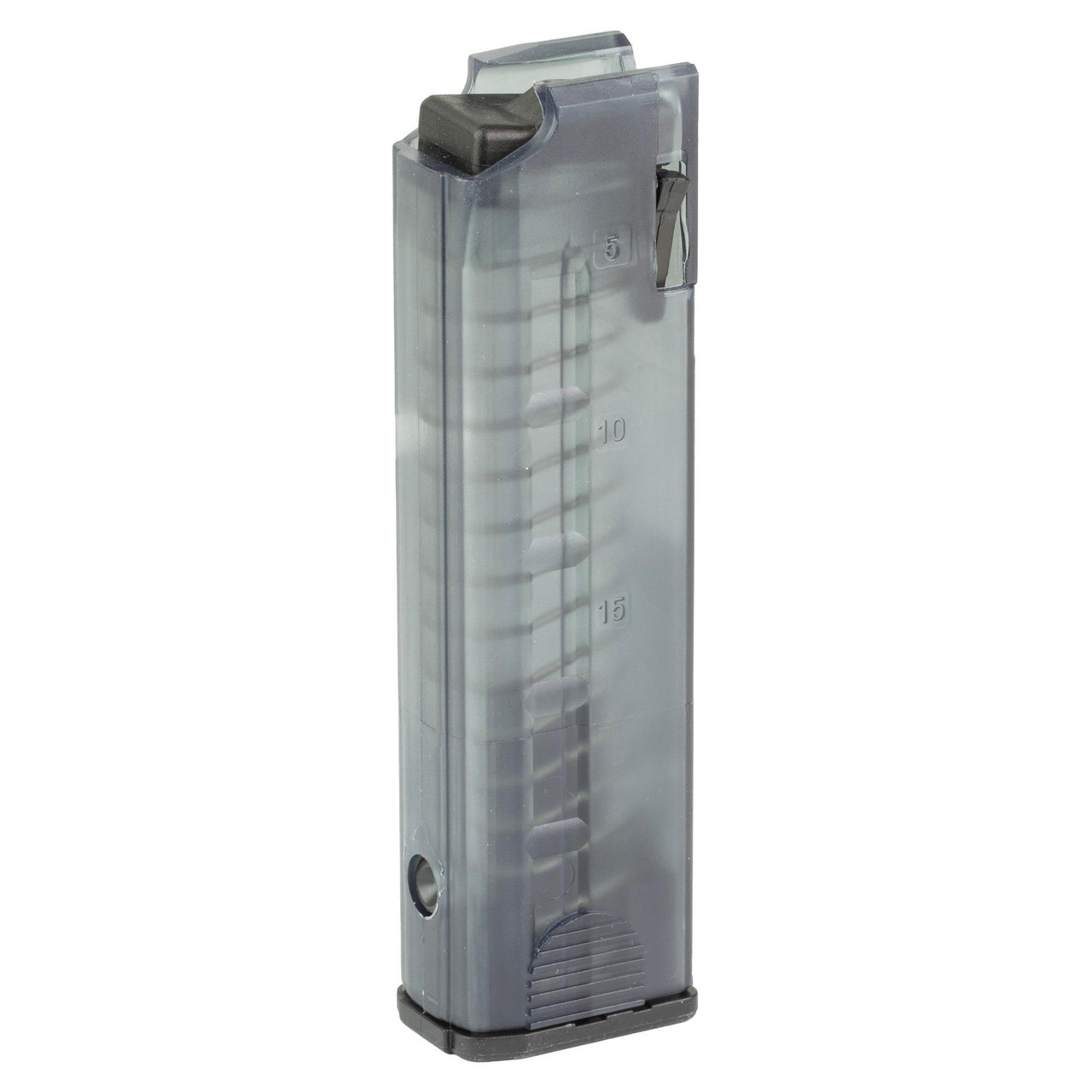 B&T USA BT-30209-N 15-Round 9mm Magazine for MP9, TP9, APC9 & SPC9, gray polymer magazine with clear body showing capacity markings and metal feed lips