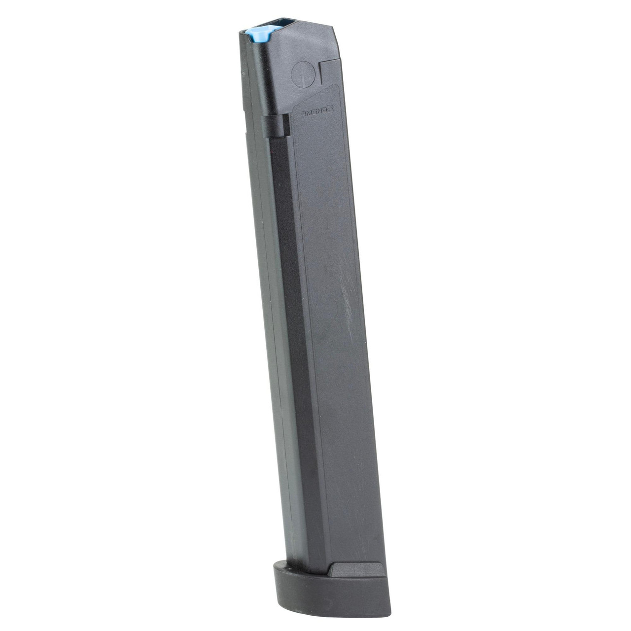 Amend2 Premium 34-Round GLOCK Magazine, durable polymer magazine with enhanced performance for GLOCK firearms, shown standing upright against a white background.