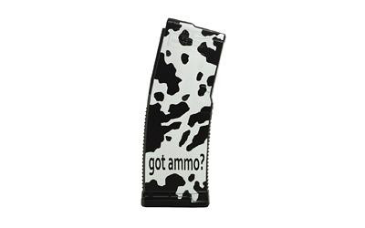 Amend2 AR-15 Mod-A 30-Round Magazine with Cow Print Design, durable .223/5.56 NATO compatible magazine with cow print pattern and 'got ammo?' text.