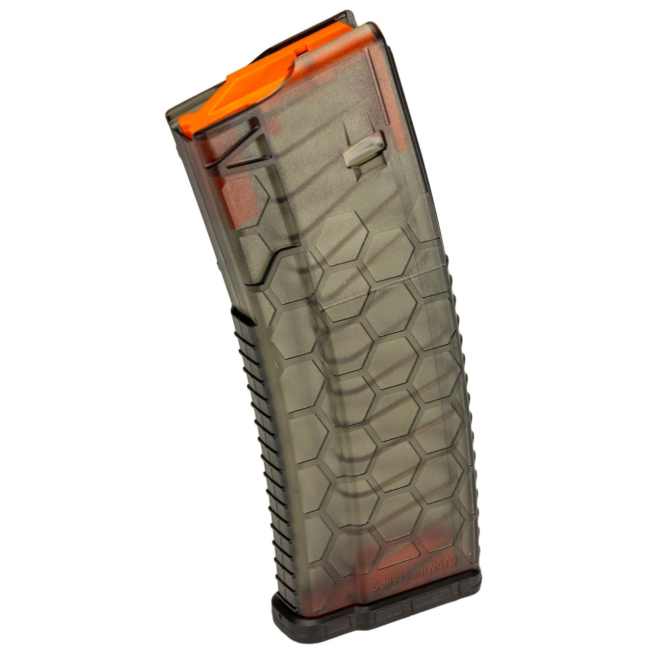 HEXMAG HX30-AR15S2-SMK 30-Round Transparent Polymer Magazine for AR-15, clear magazine with hexagonal pattern and orange follower, compatible with HEXID System.