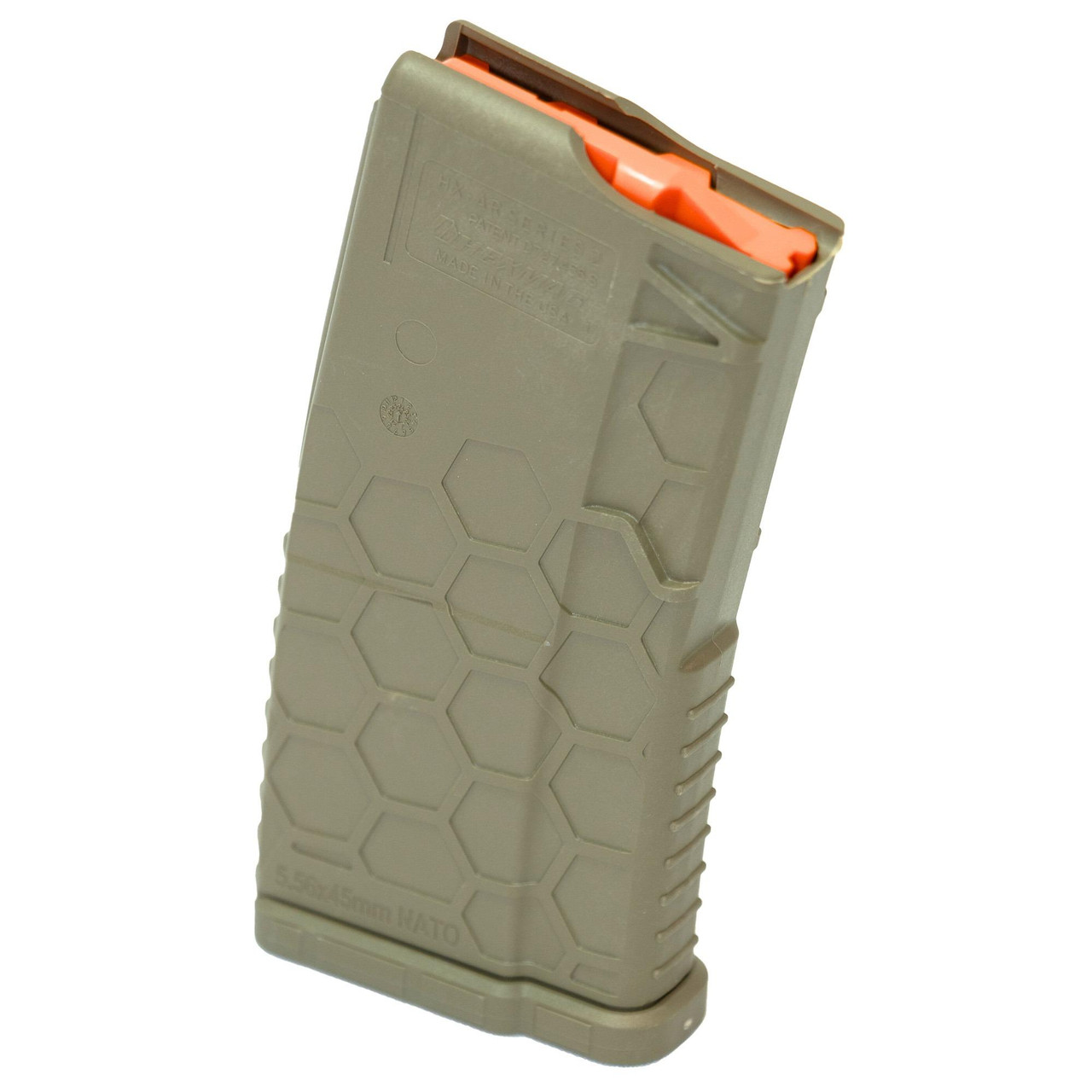 HEXMAG HX20-AR15-FDE Shorty 20-Round Magazine for AR-15 with Flat Dark Earth Finish, tool-less design, compatible with .223, 5.56, 300AAC, SOCOM, and Beowulf calibers, featuring a honeycomb pattern on its body.