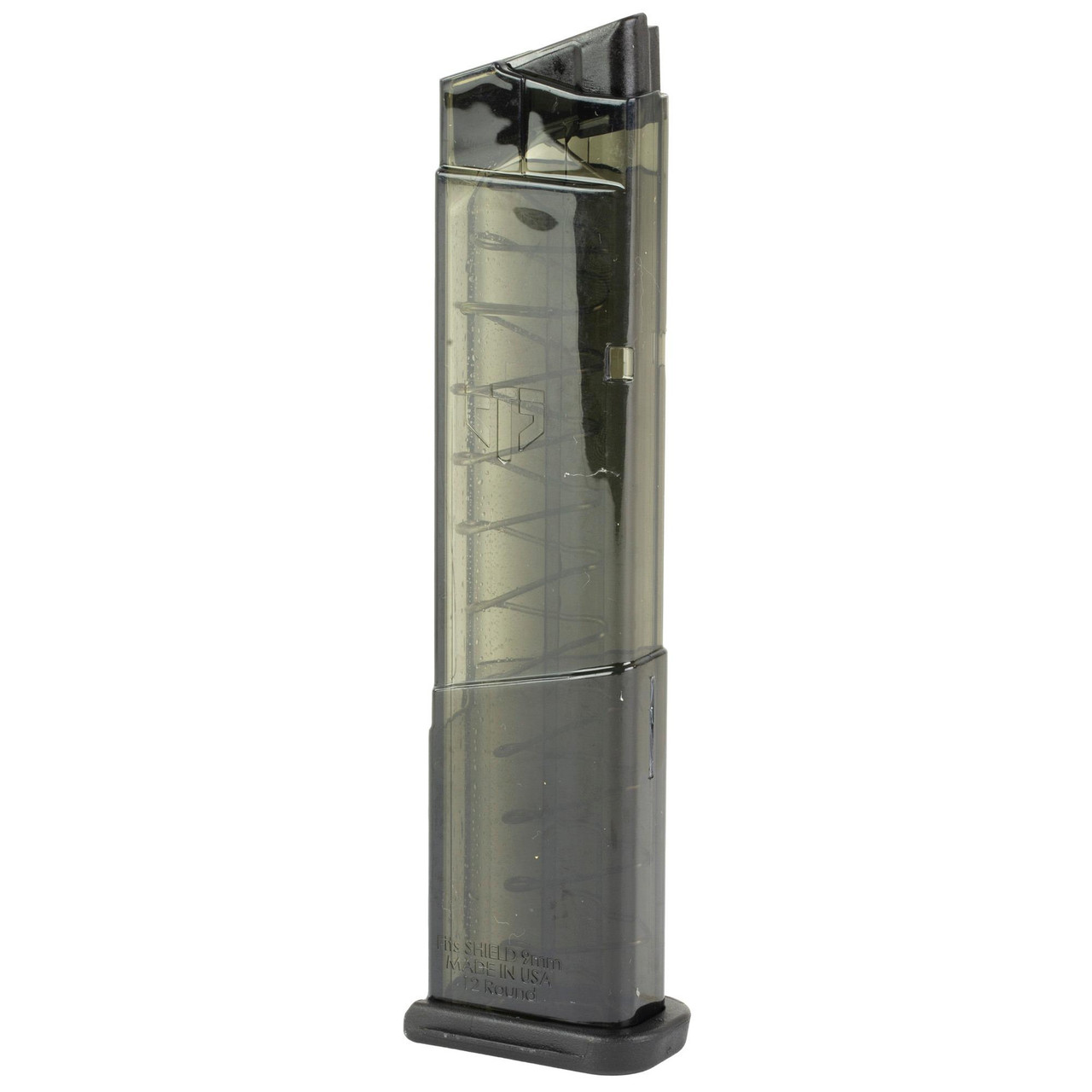 Elite Tactical Systems Group SMK-SW9-SHD-12 Magazine for Smith & Wesson 9mm Shield - 12-Round Capacity, Durable & Clear Body, Lifetime Warranty, product image showing a transparent magazine for carrying 12 rounds of 9mm ammunition.