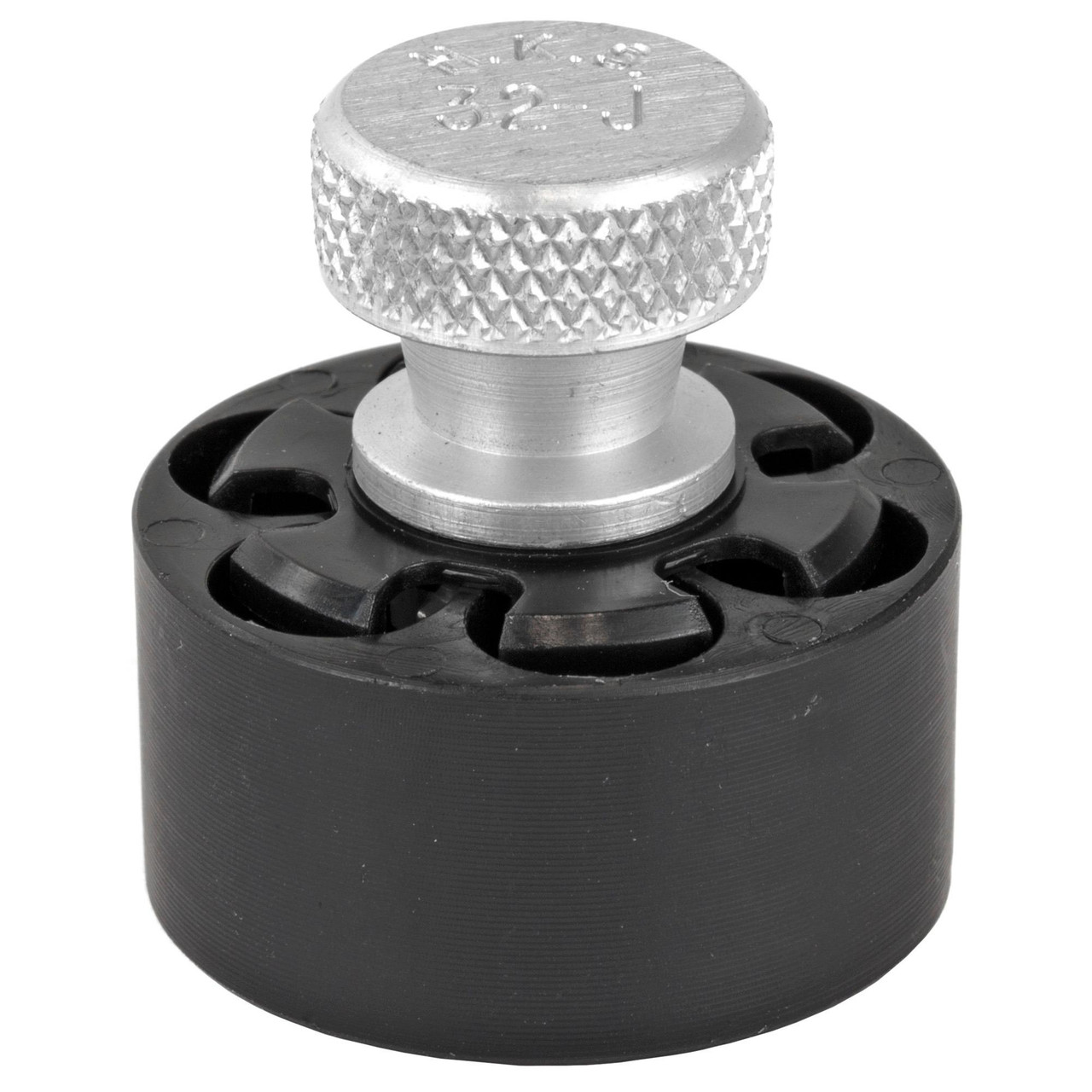 HKS Speed Loaders 32J, close-up image of a firearm loader component featuring a metallic top with engraved markings and a black base with a circular design.