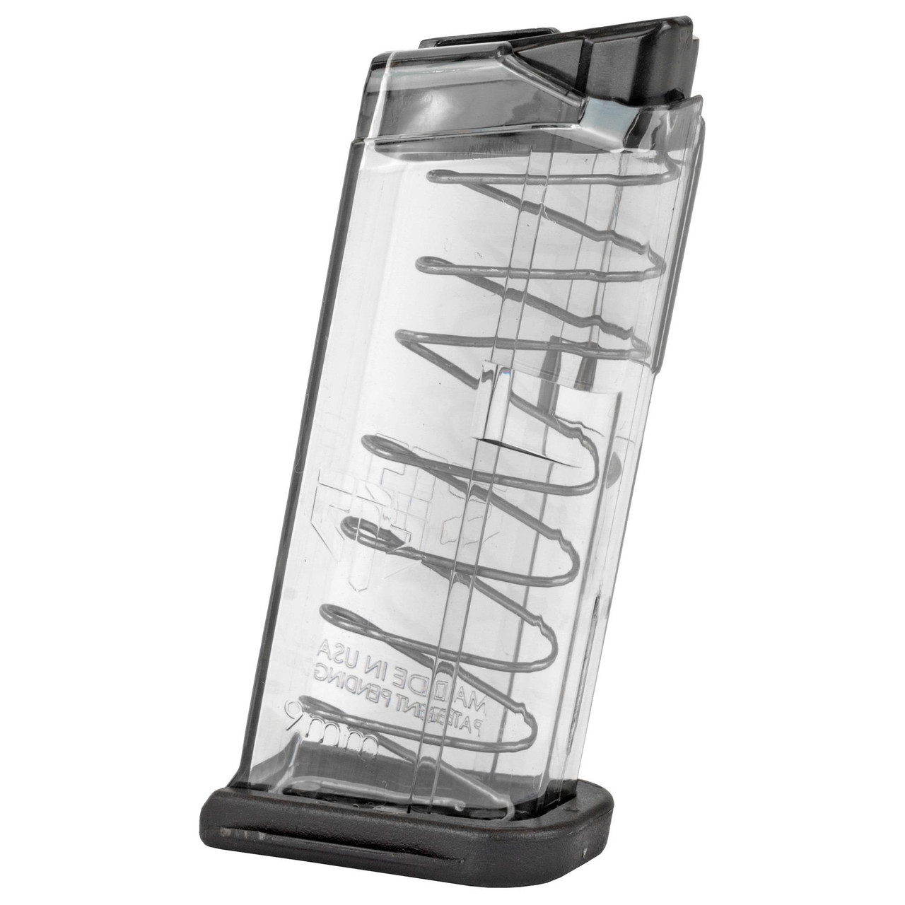 Elite Tactical Systems Group GLK-43 Magazine, impact resistant, translucent body for Glock pistol compatibility, shown standing upright with visible internal spring and feed lips.