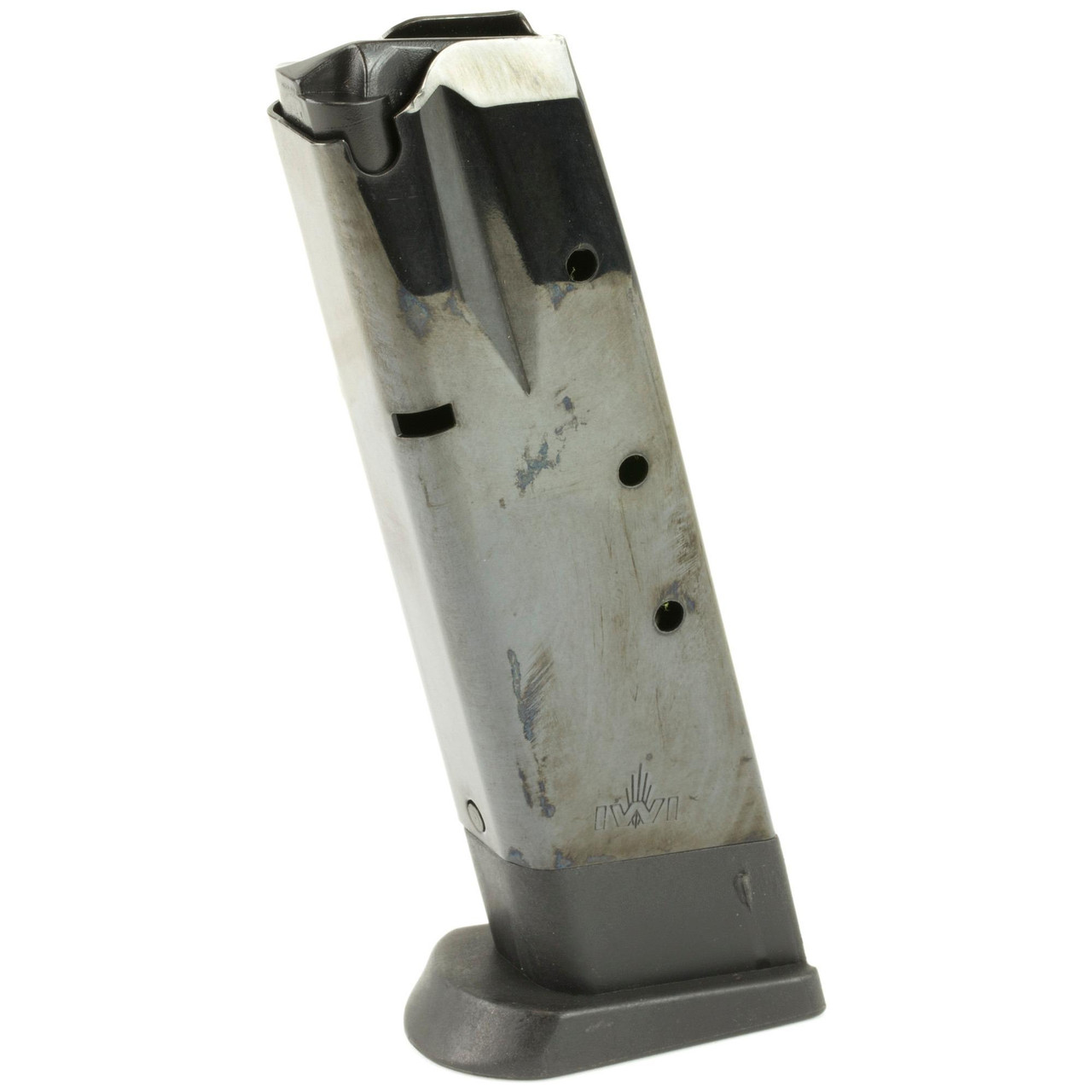 IWI US J941M910P Steel Magazine, high performance OEM accessory for reliable firearm operation, showing a metal magazine with a worn finish and black top with a magazine release catch.