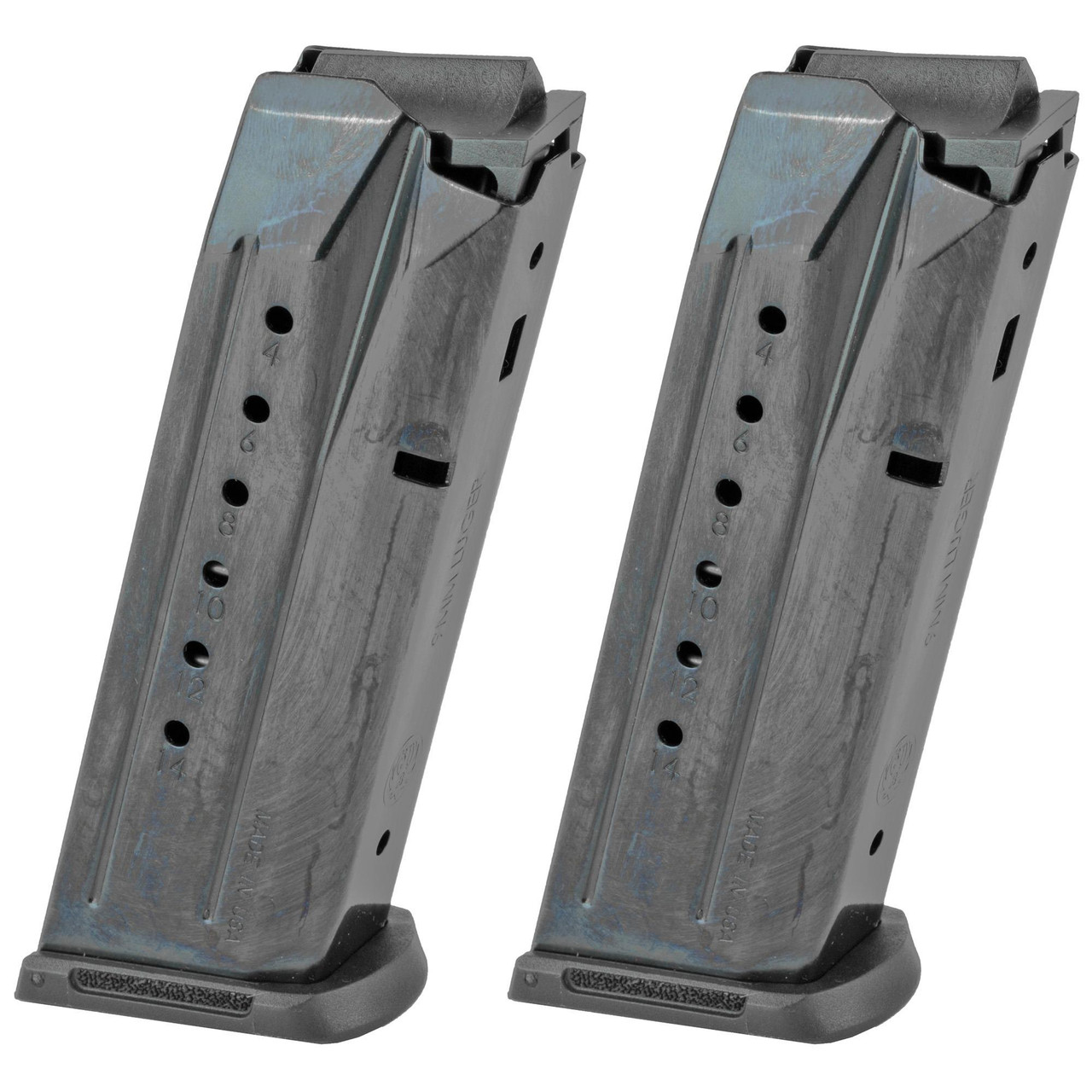 Ruger 90684, two firearm magazines made of metal with capacity markings from 4 to 14 rounds