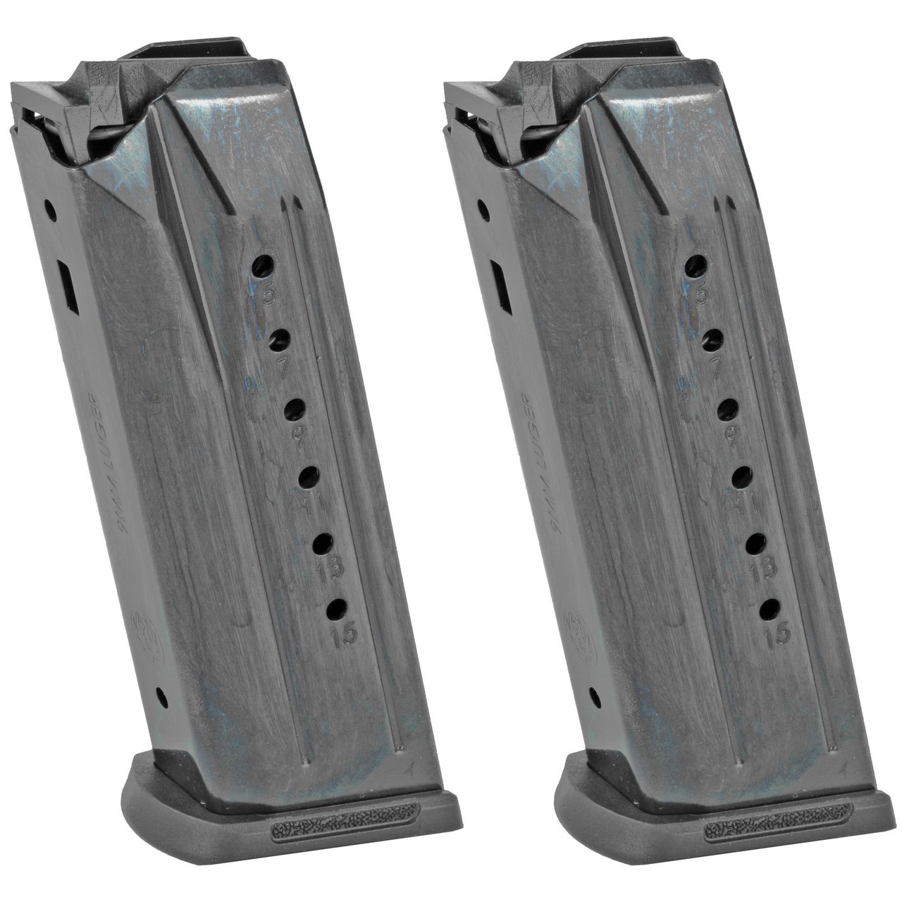 Ruger 90684, two metallic firearm magazines with numbered capacity indicators from 5 to 15 rounds, designed for secure fit and reliable performance.