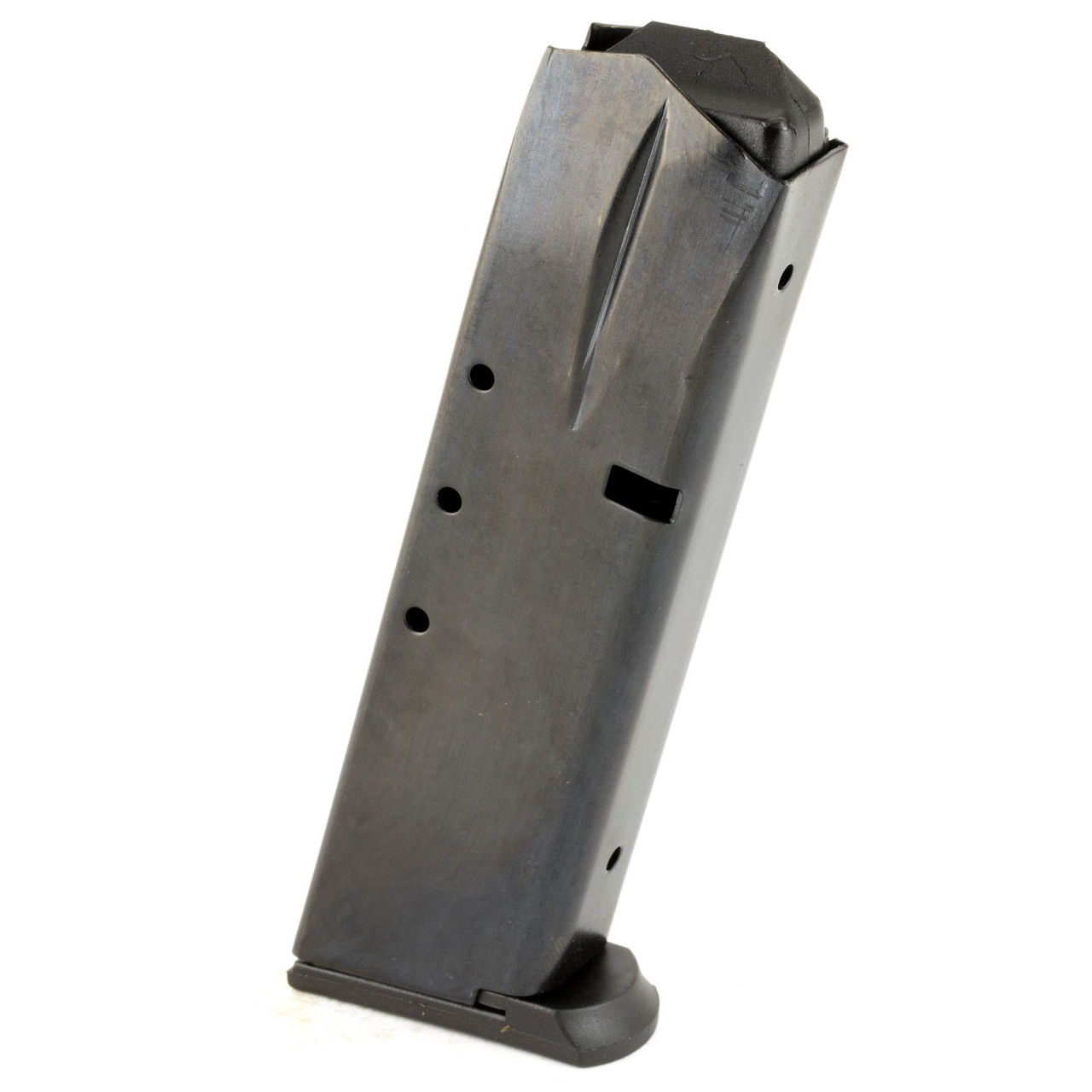 ProMag Industries SMI-A1, firearm magazine in metallic finish with black base plate and top, designed for firearm ammunition storage and feeding.