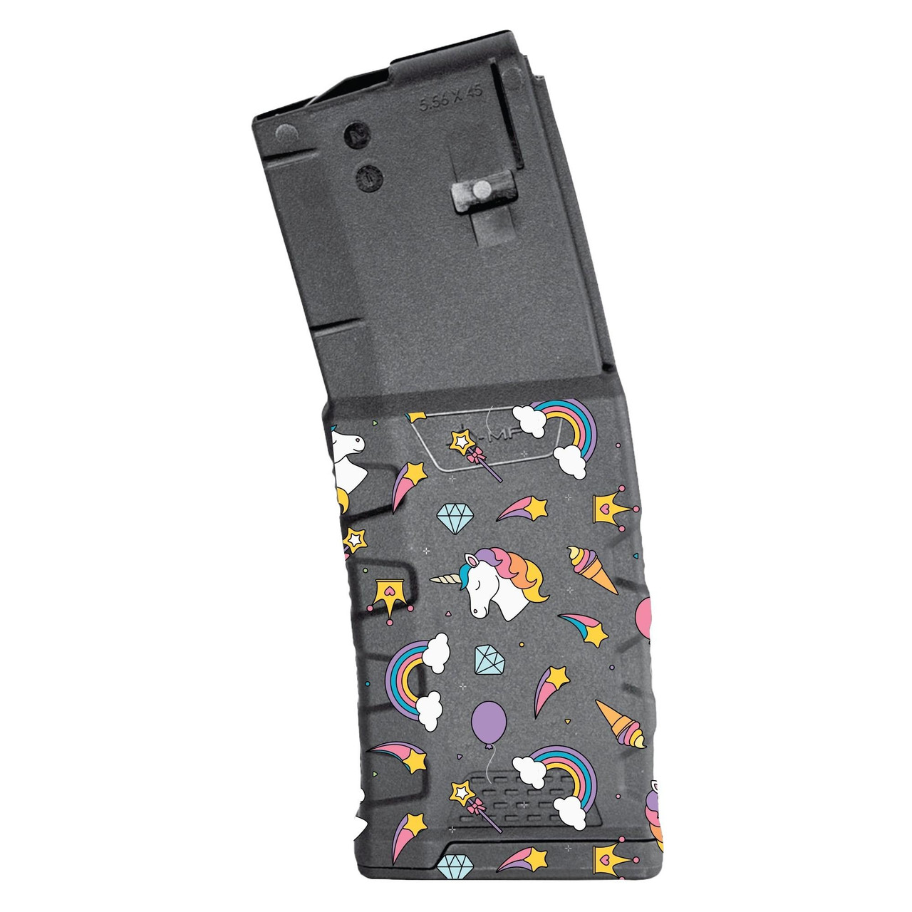 Mission First Tactical EXDPM556D-RU magazine, rifle magazine with colorful unicorn and rainbow pattern design.