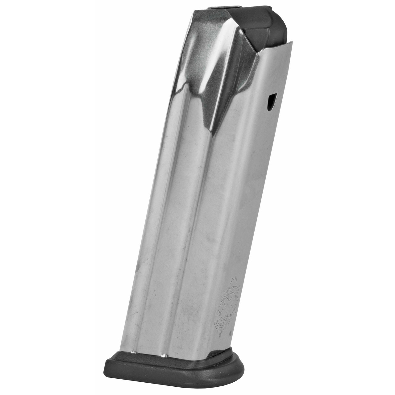 Springfield XDM5019, stainless steel pistol magazine with black plastic top and base, isolated on white background.