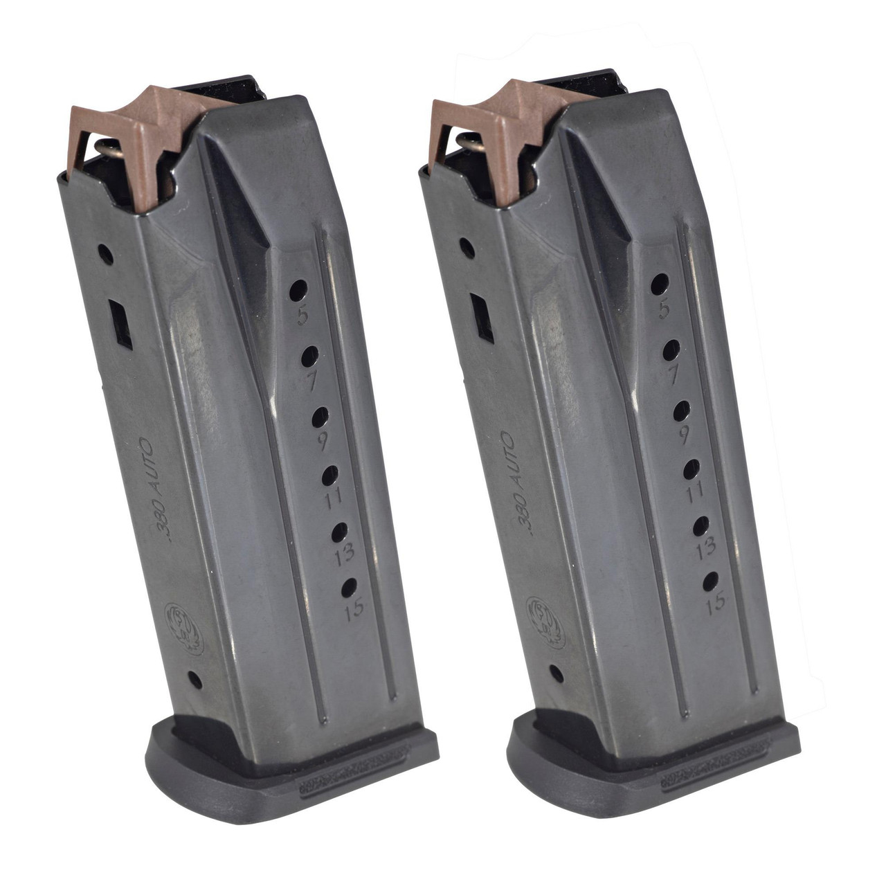 Ruger 90731, two stainless steel firearm magazines with marked capacity from 5 to 15 rounds.