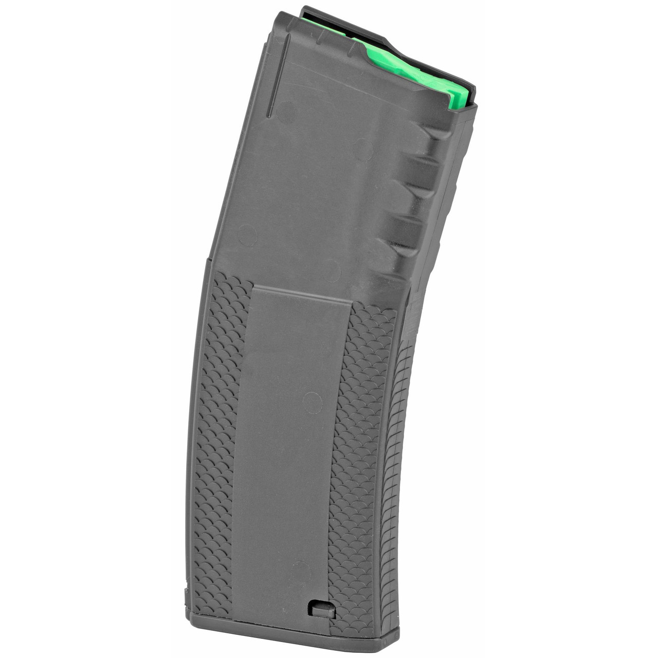 TROY Industries SMAG-SIN-00BT-00, firearm magazine, gray color with textured grip pattern and green follower inside