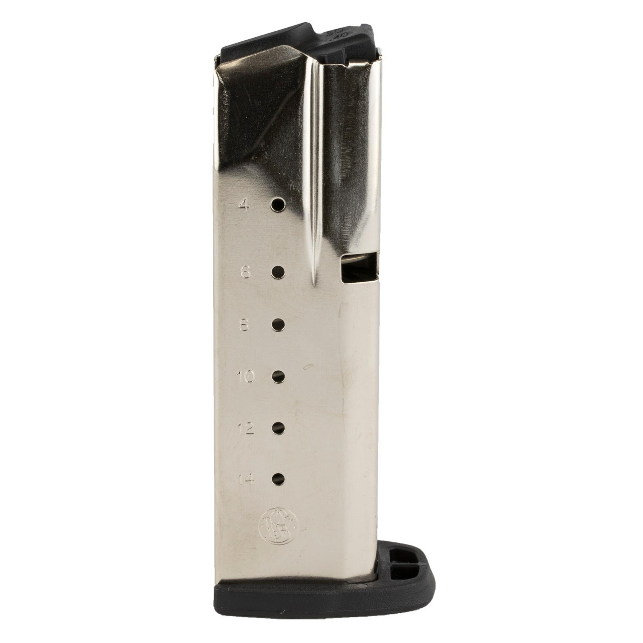 Smith & Wesson 199270000, firearm magazine in stainless steel with black top and bottom sections, numbered capacity markings on the side.