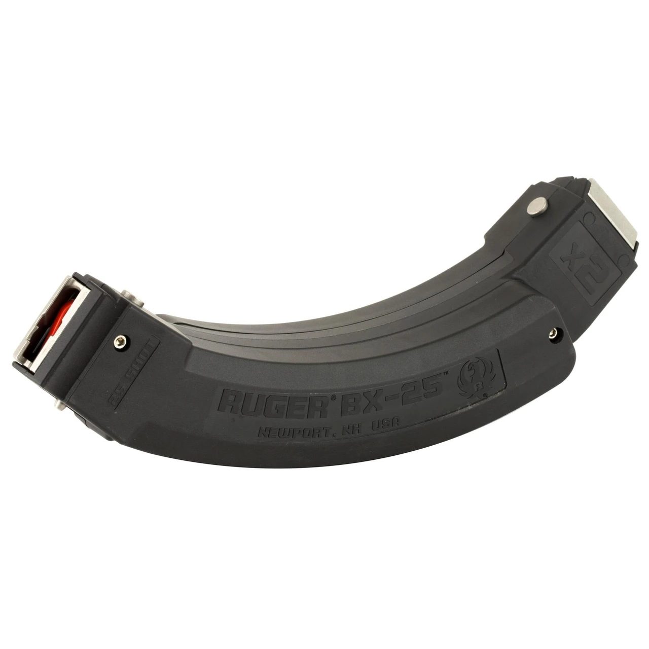 Ruger 90398, firearm magazine for Ruger BX-25 model, curved black ammunition magazine for Ruger rifles.