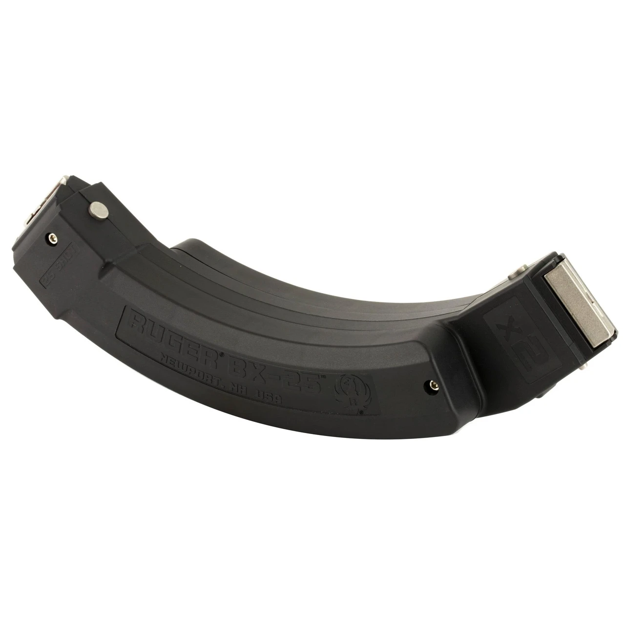 Ruger 90398 Factory Magazine, 25-Round Polymer Magazine with Steel Feed Lips for Enhanced Performance, shown at an angle against a plain background.
