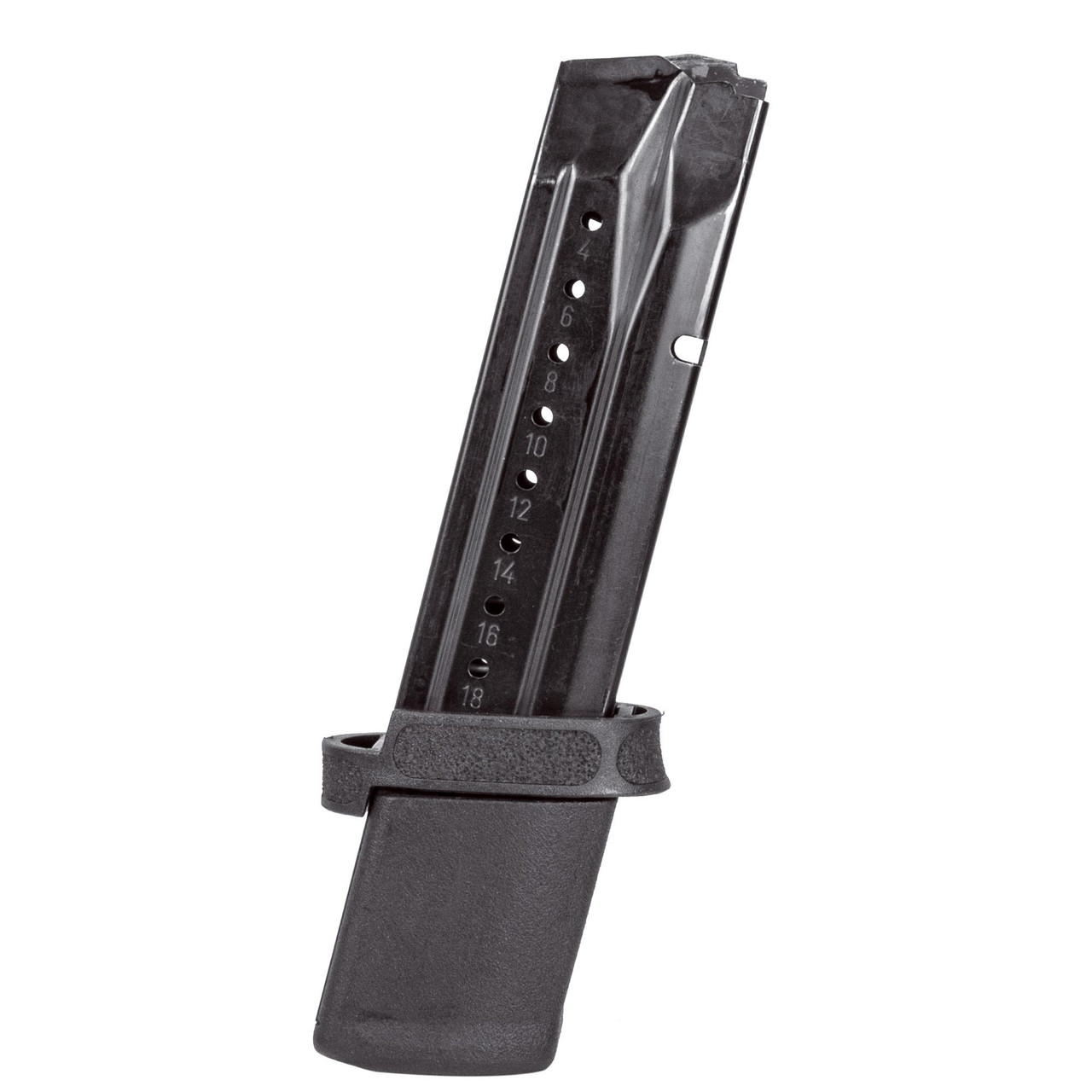 Smith & Wesson 3015917, gun magazine with multiple round capacity, black metallic finish with numbered witness holes.