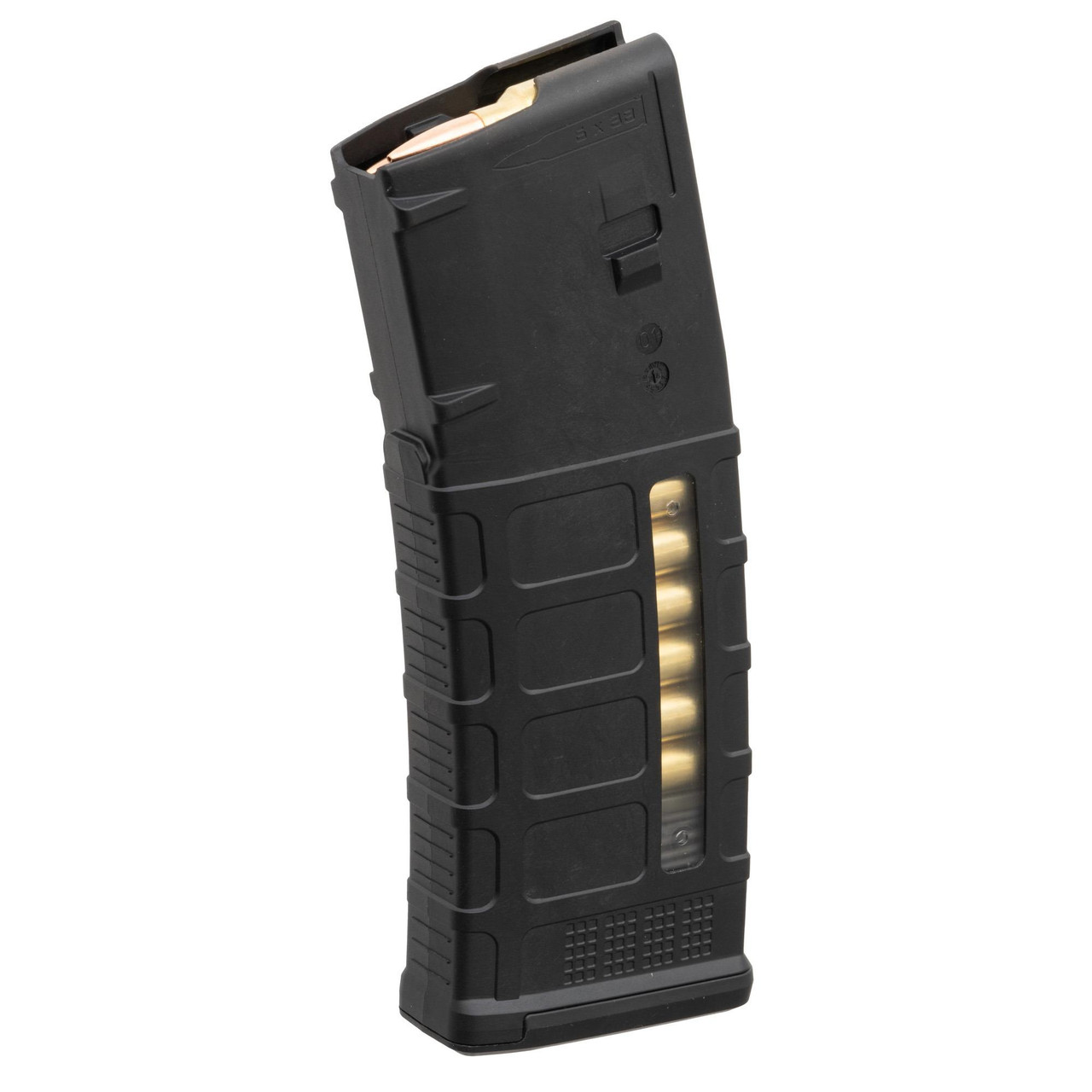 Magpul Industries MAG1490-BLK, firearm magazine with black polymer body and visible rounds inside.