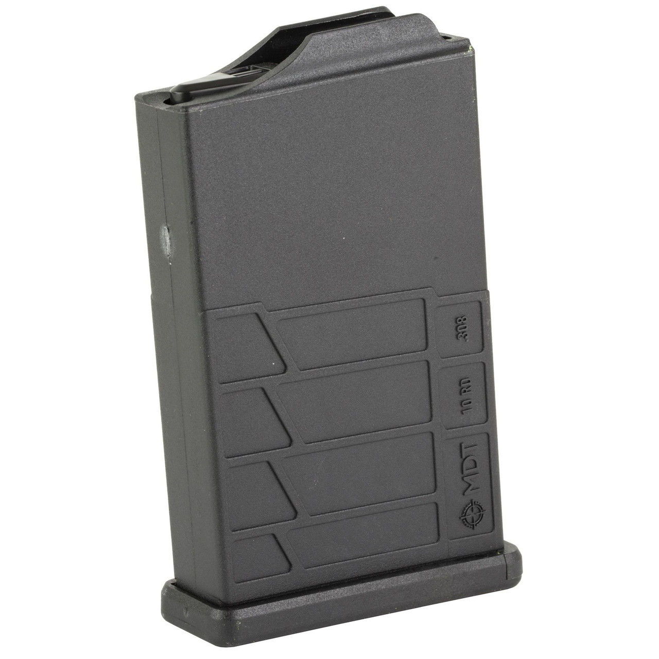 MDT 104447-BLK magazine, black firearm accessory magazine with a textured surface and capacity markings for 20, 10 rounds, and 30 rounds.