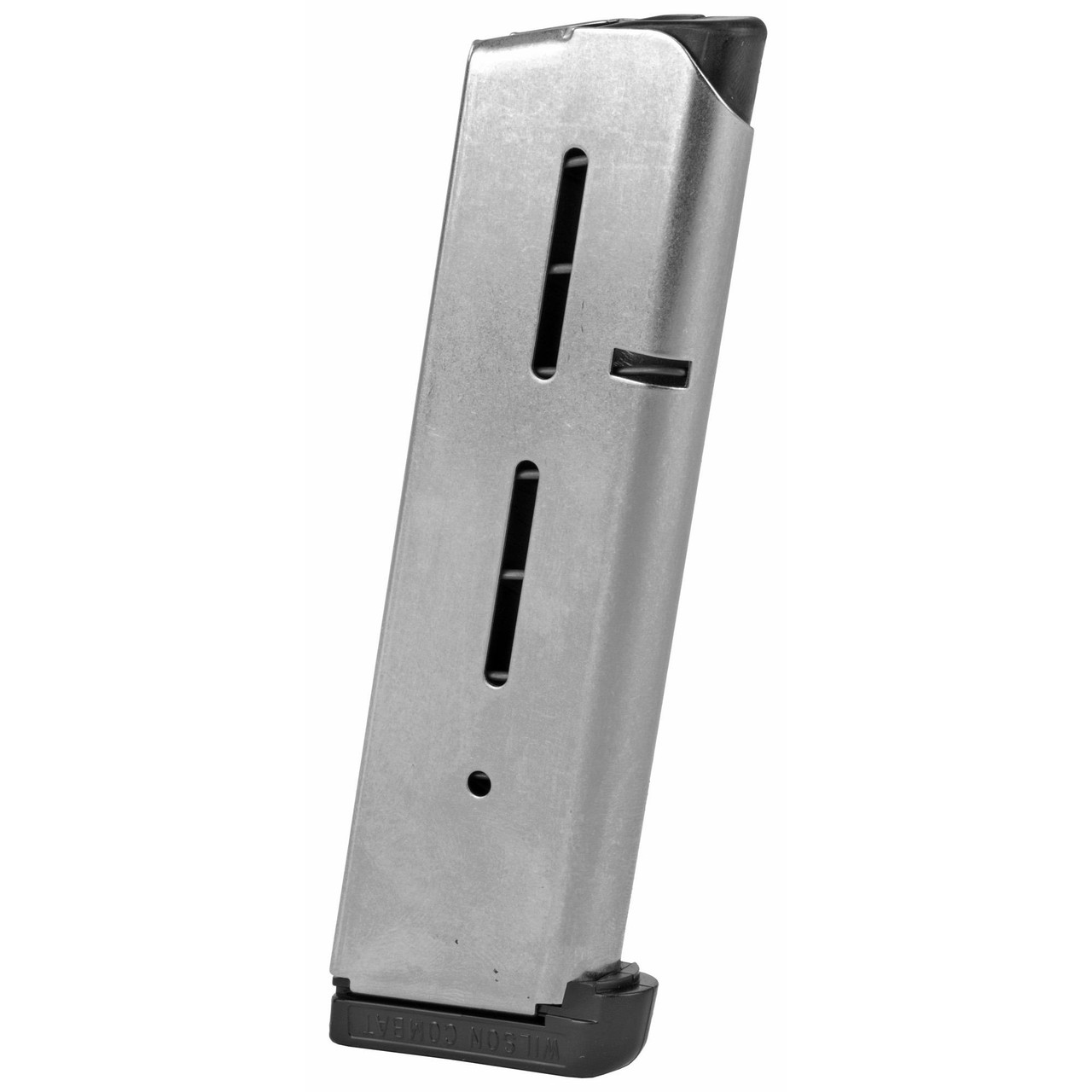 Wilson Combat 47D, handgun magazine in a metallic finish with black base plate.