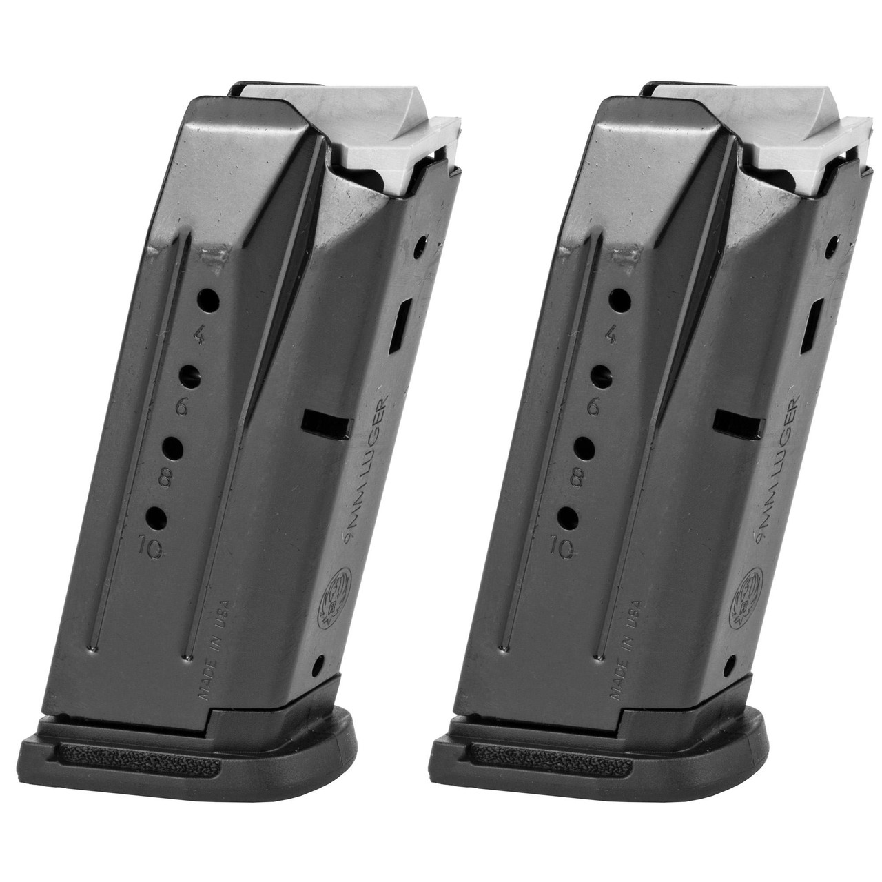 Ruger 90686, two stainless steel firearm magazines with black bases and markings for ammunition capacity.