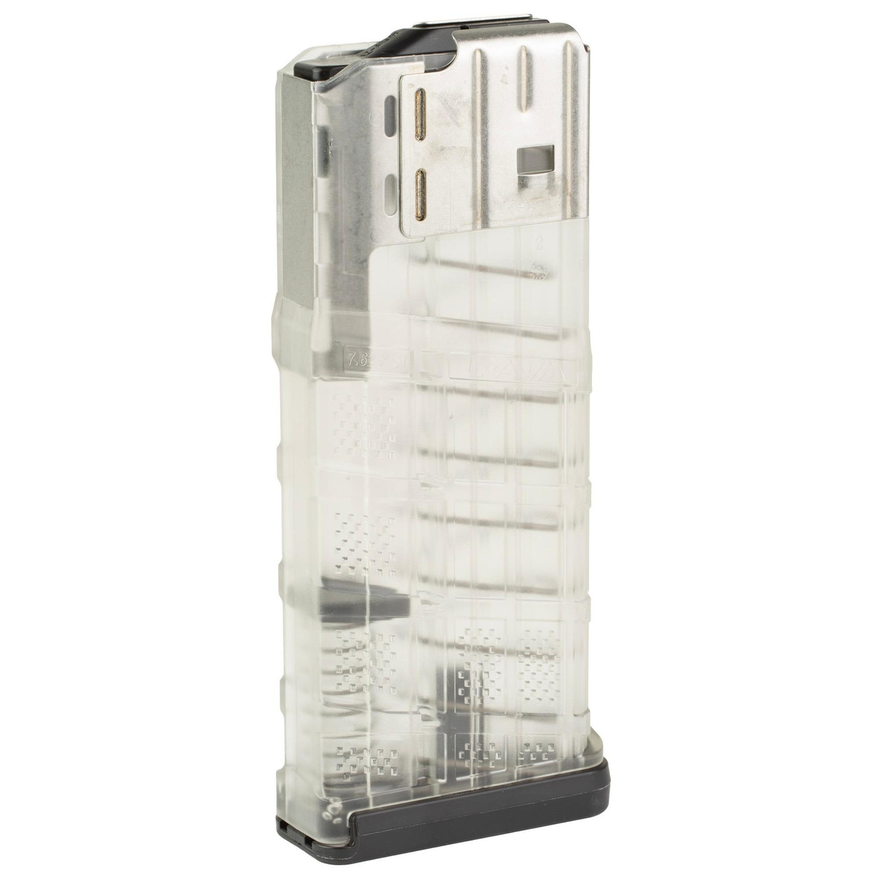 Lancer Systems L7-25-CLR, a transparent high-capacity magazine with metal top and base for firearms.