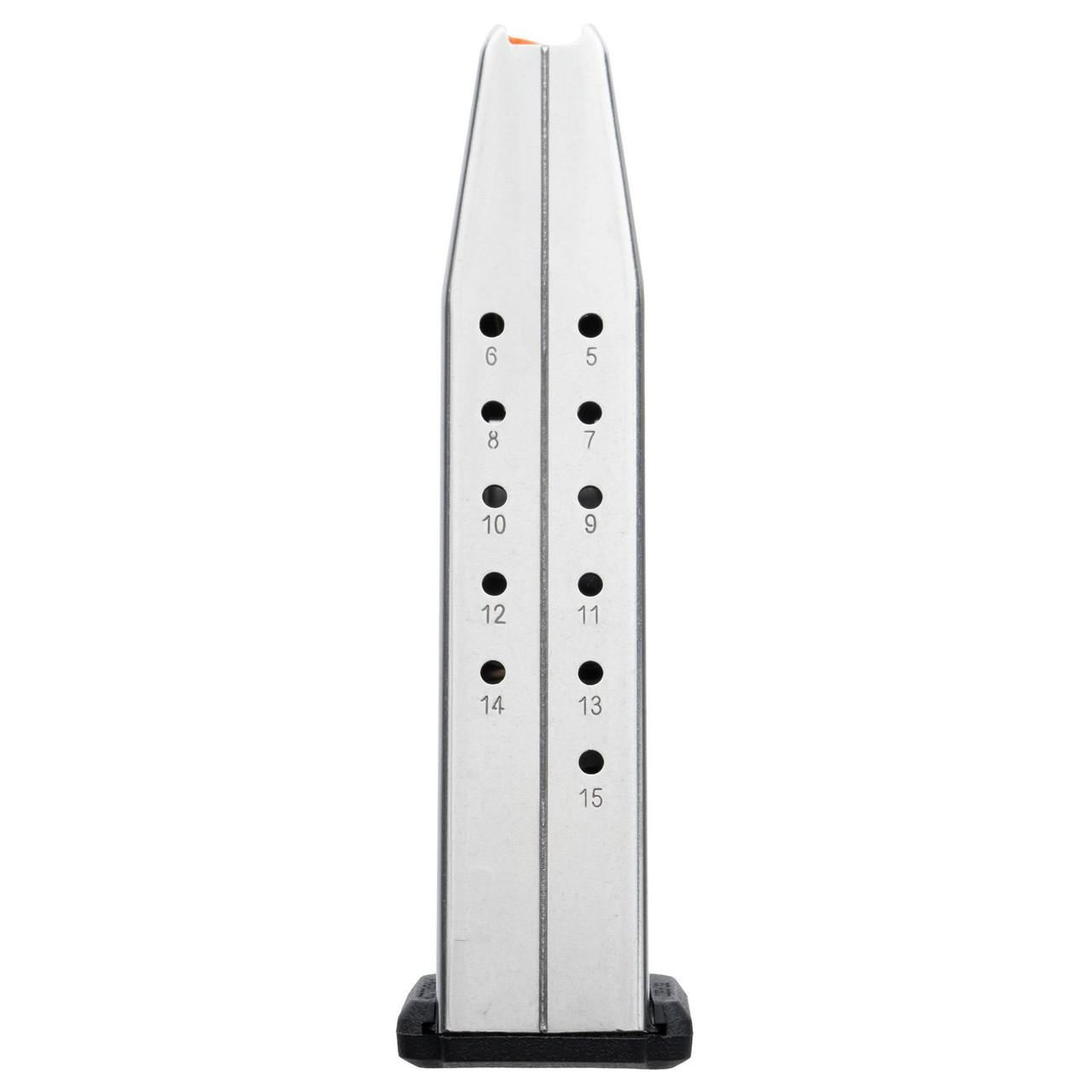 Magpul Industries MAG1464-SST, aluminum magazine with numbered holes for capacity indication.