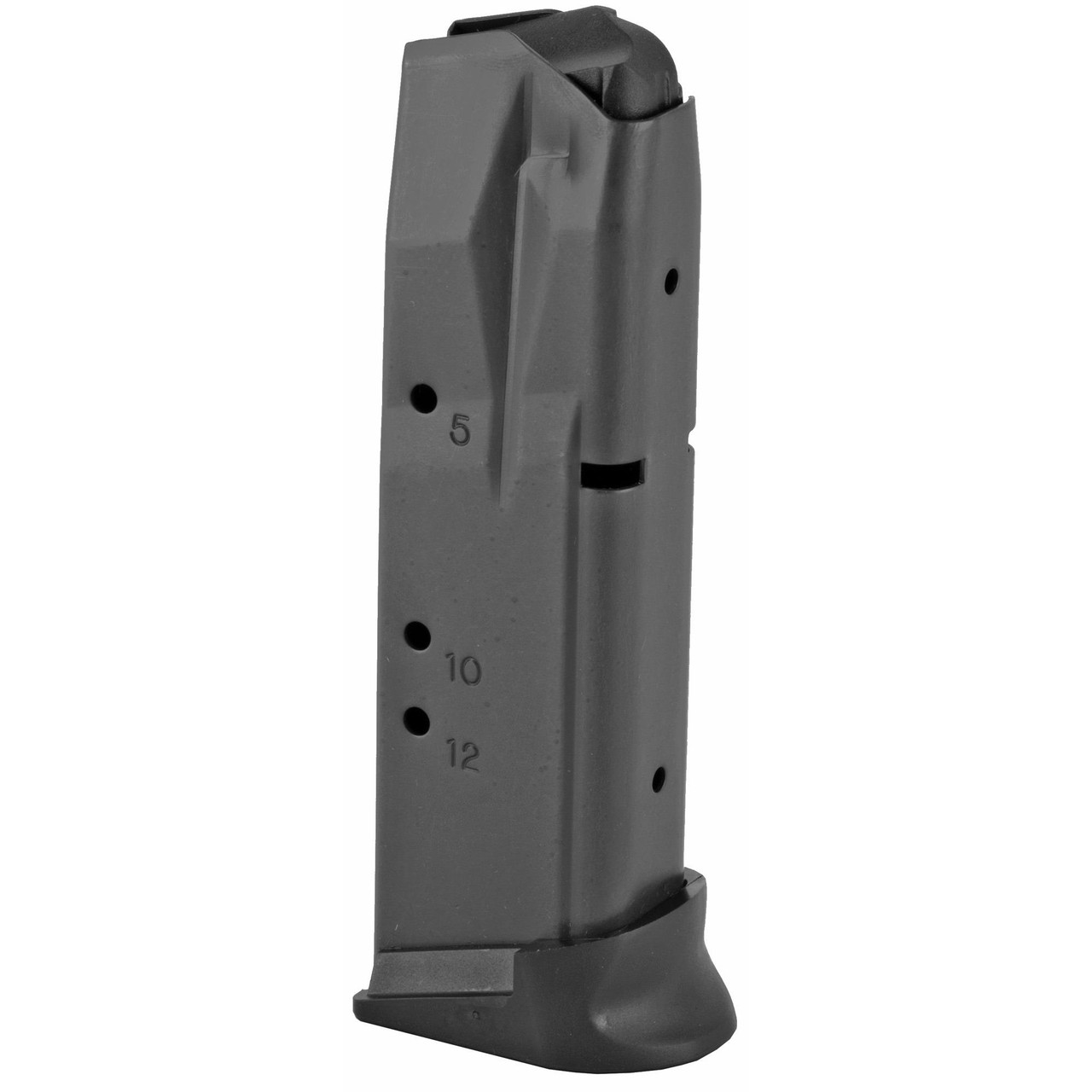 Sig Sauer MAG-2022-43-12, firearm magazine with capacity indicators for 5, 10, 12 rounds, and a sleek gray design