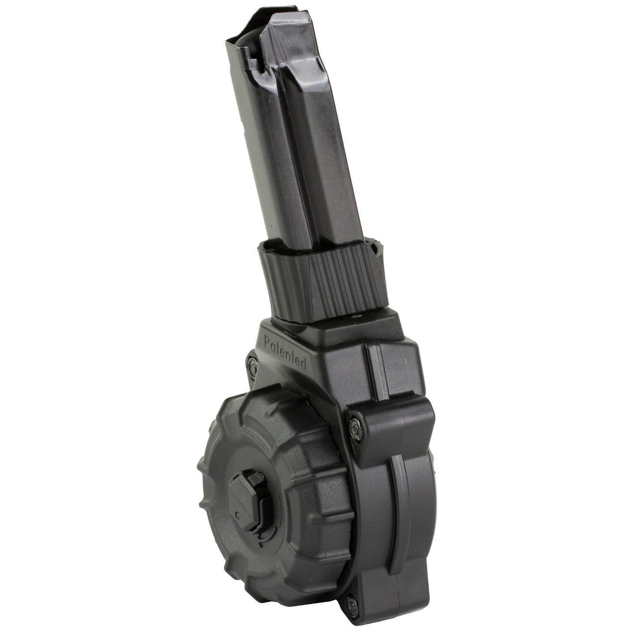 ProMag Industries DRM-A82, firearm magazine with black finish and drum design for high-capacity use.