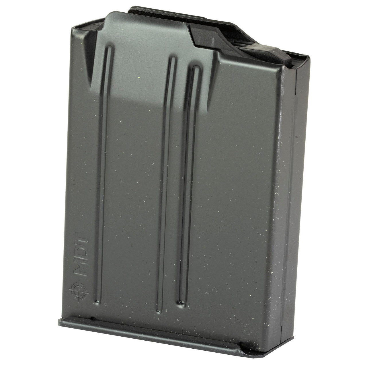 MDT 104760-BLK, a black, durable firearm magazine with a box shape and textured surface for easy handling.