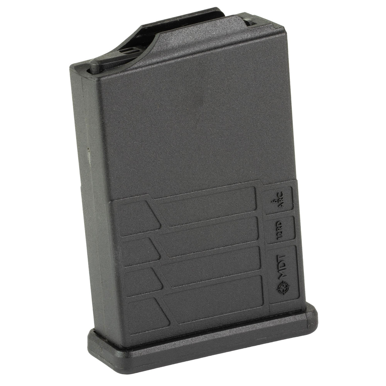 MDT 106537-BLK, black magazine for tactical firearms, durable polymer construction with ribbed grip surface for improved handling.