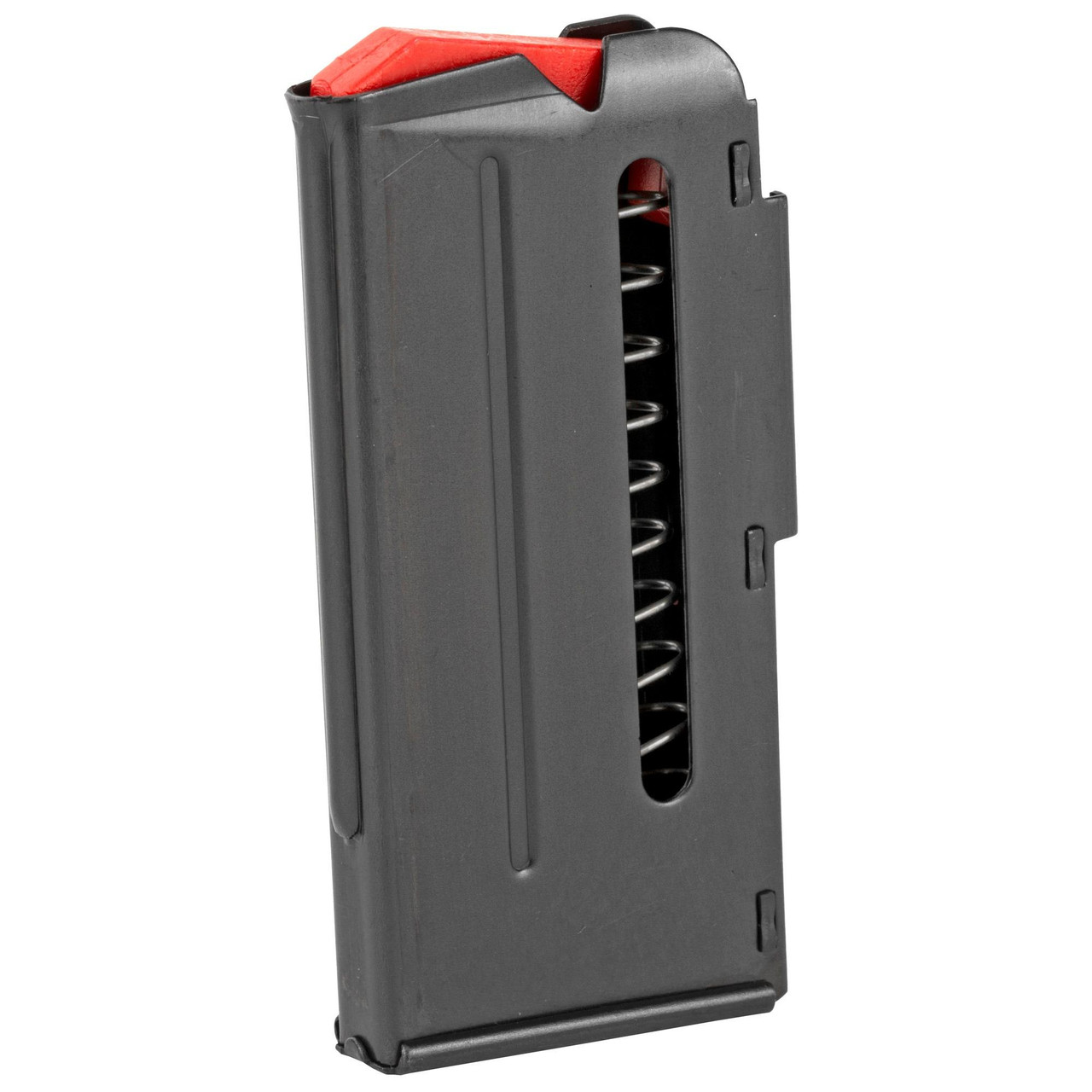 Savage Arms 90010, a firearm magazine with a dark metal body and a red follower inside.