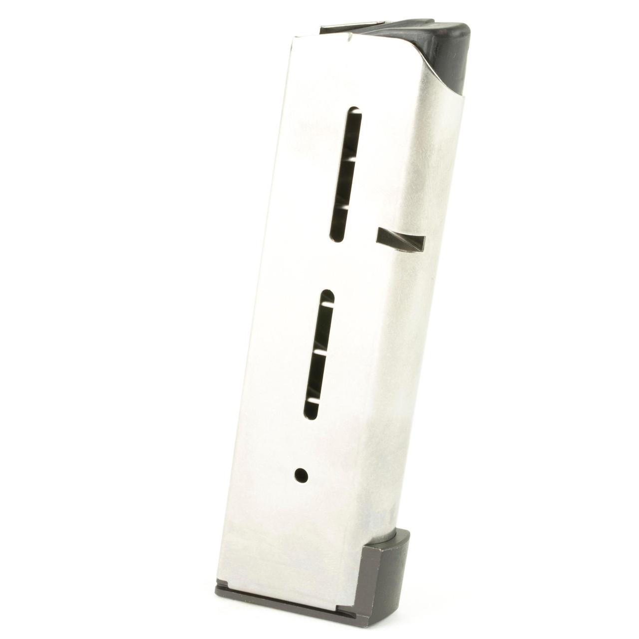 Wilson Combat 47DOX, metallic silver handgun magazine with black top and side slots, isolated on white background.