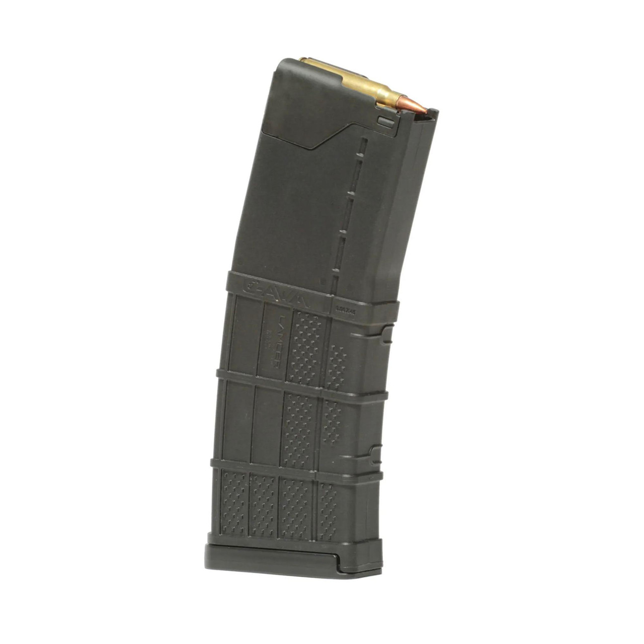 Lancer Systems L5L-G2-15-30-BLK magazine, black firearm magazine with a visible bullet and textured grip surface.