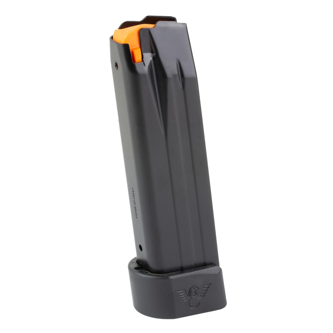 Wilson Combat 1104, firearm magazine with a black finish and an orange follower, standing upright on a matching black base plate engraved with a logo.