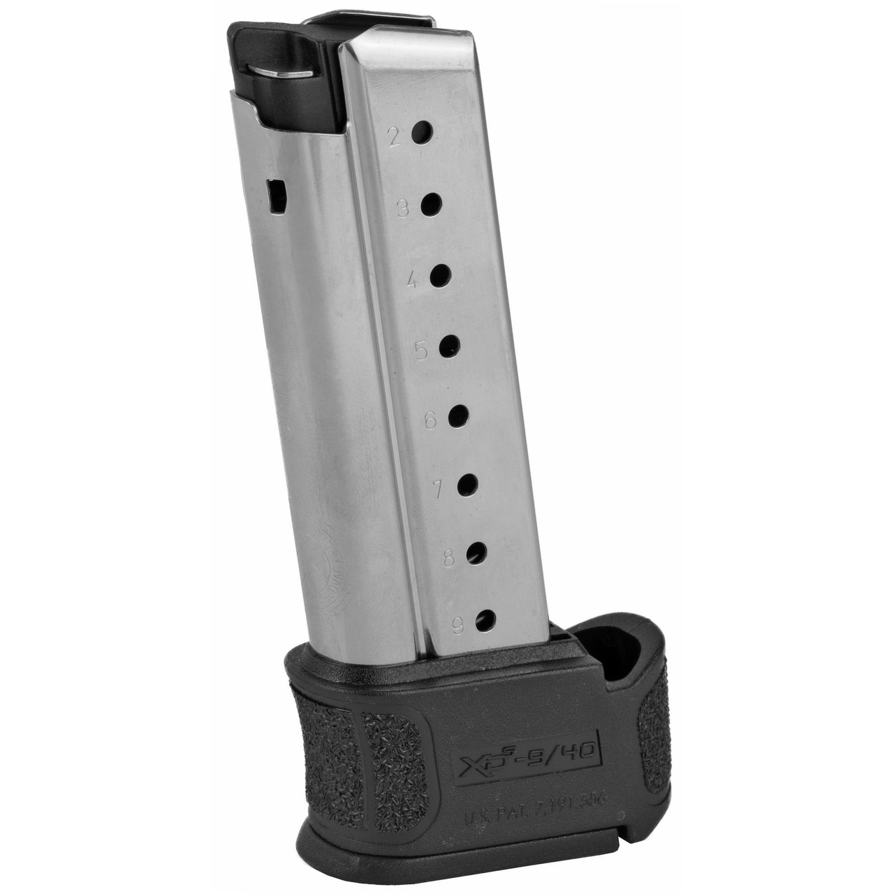 Springfield XDSG09061, firearm magazine with stainless steel construction and black base plate, designed for Springfield XDS pistol.