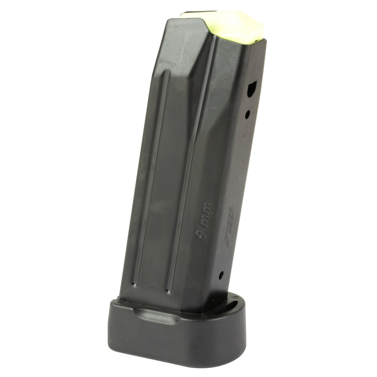 Rost Martin RM10025, a black semi-automatic handgun magazine with a yellow-painted top and a sturdy base.
