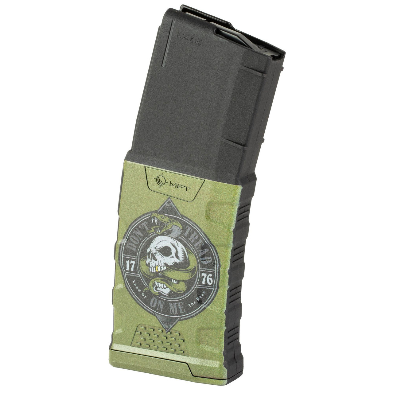 Mission First Tactical EX0PM556D-DTM magazine, tactical firearm magazine with a camouflage and skull graphic design.