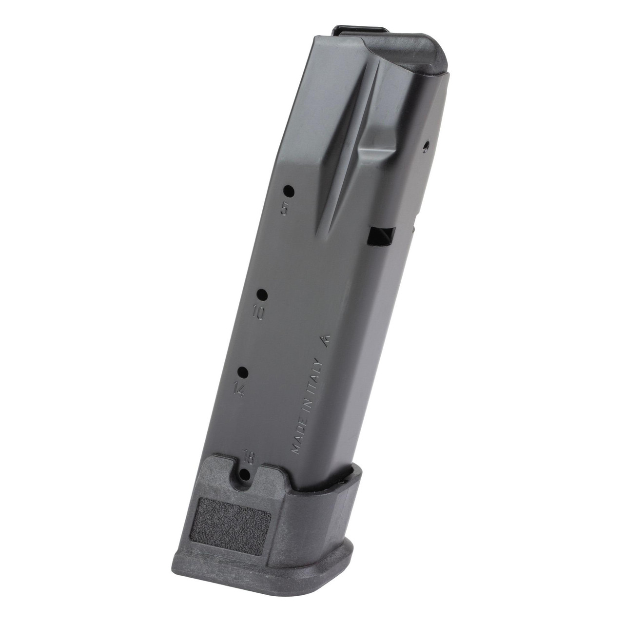 Sig Sauer SIG SAUER MAG-MOD-F-43-18, 18-Round Steel Magazine for P250 & P320 Full Size, with a sleek metal body and numbered capacity indicators.