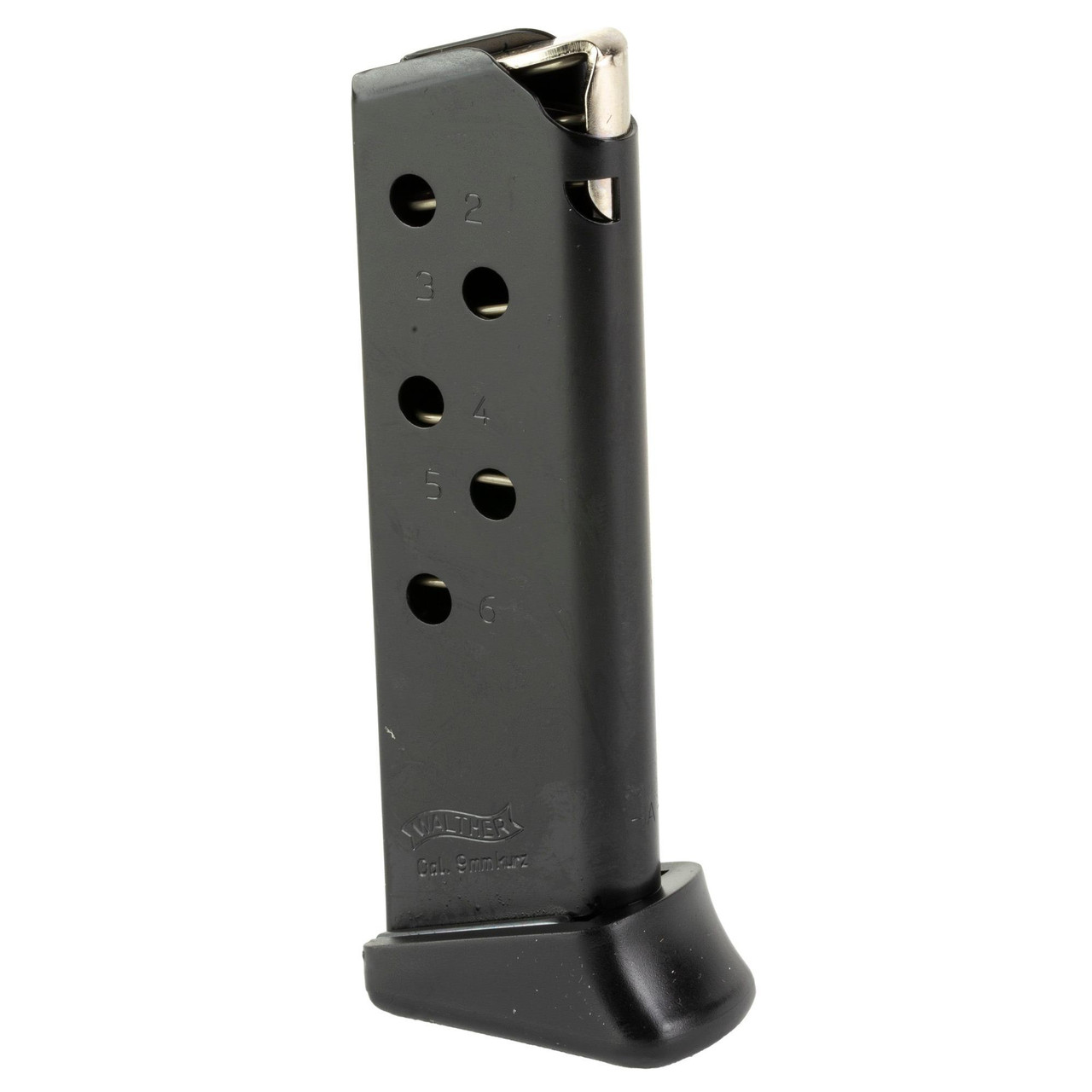 Walther 2246026, firearm magazine for 9mm caliber pistol with numbered capacity indicator and durable metal construction.