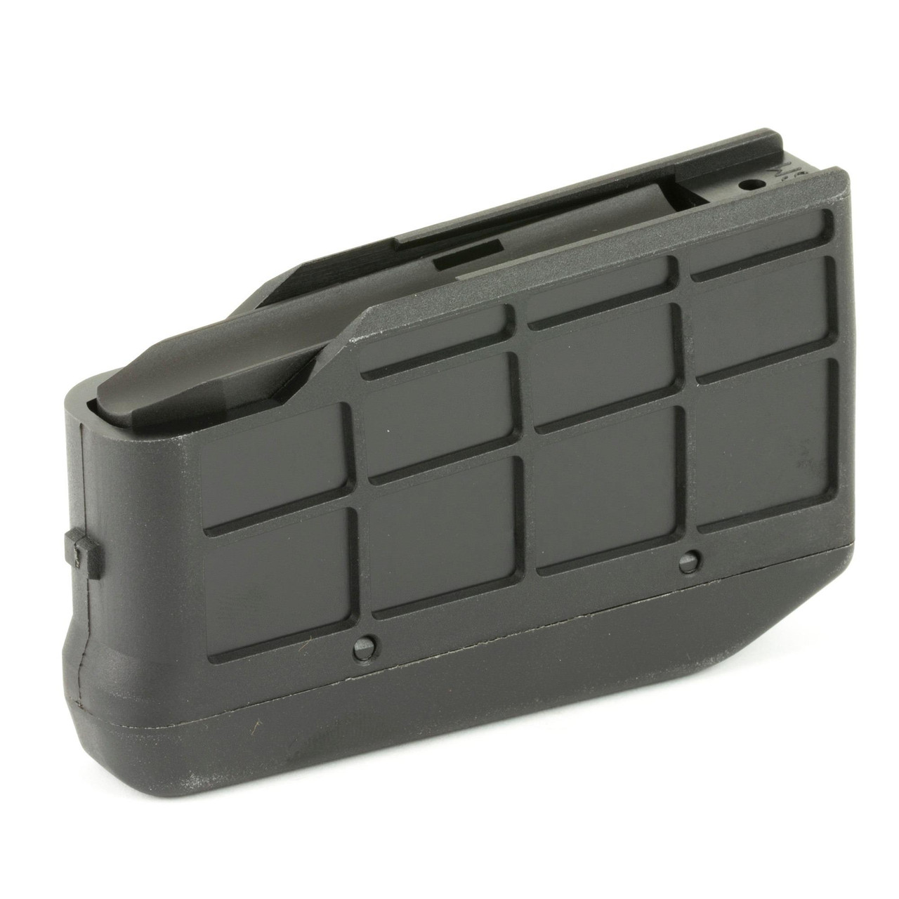 Tikka S5850371, Compact black firearm magazine with a grid pattern and a curved design.