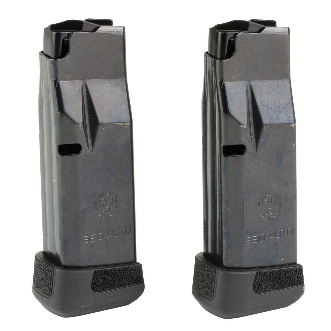 Ruger 90736, .380 ACP Factory Magazines for LCP MAX - 10 & 12 Round Value Packs, two magazines with a black finish and textured baseplate for concealed carry.