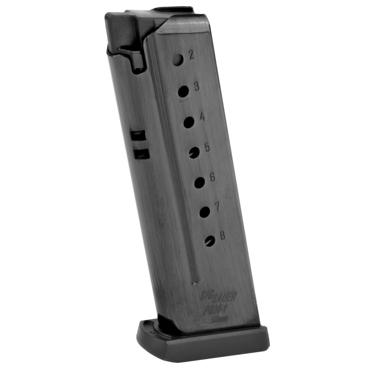 Sig Sauer MAG-220-10-8 magazine, firearm magazine with a metal body and numbered holes for rounds, designed for pistols or submachine guns.
