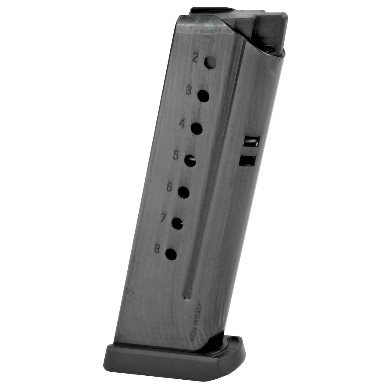 Sig Sauer MAG-220-10-8, metal firearm magazine with numbered capacity indicators and a black baseplate.