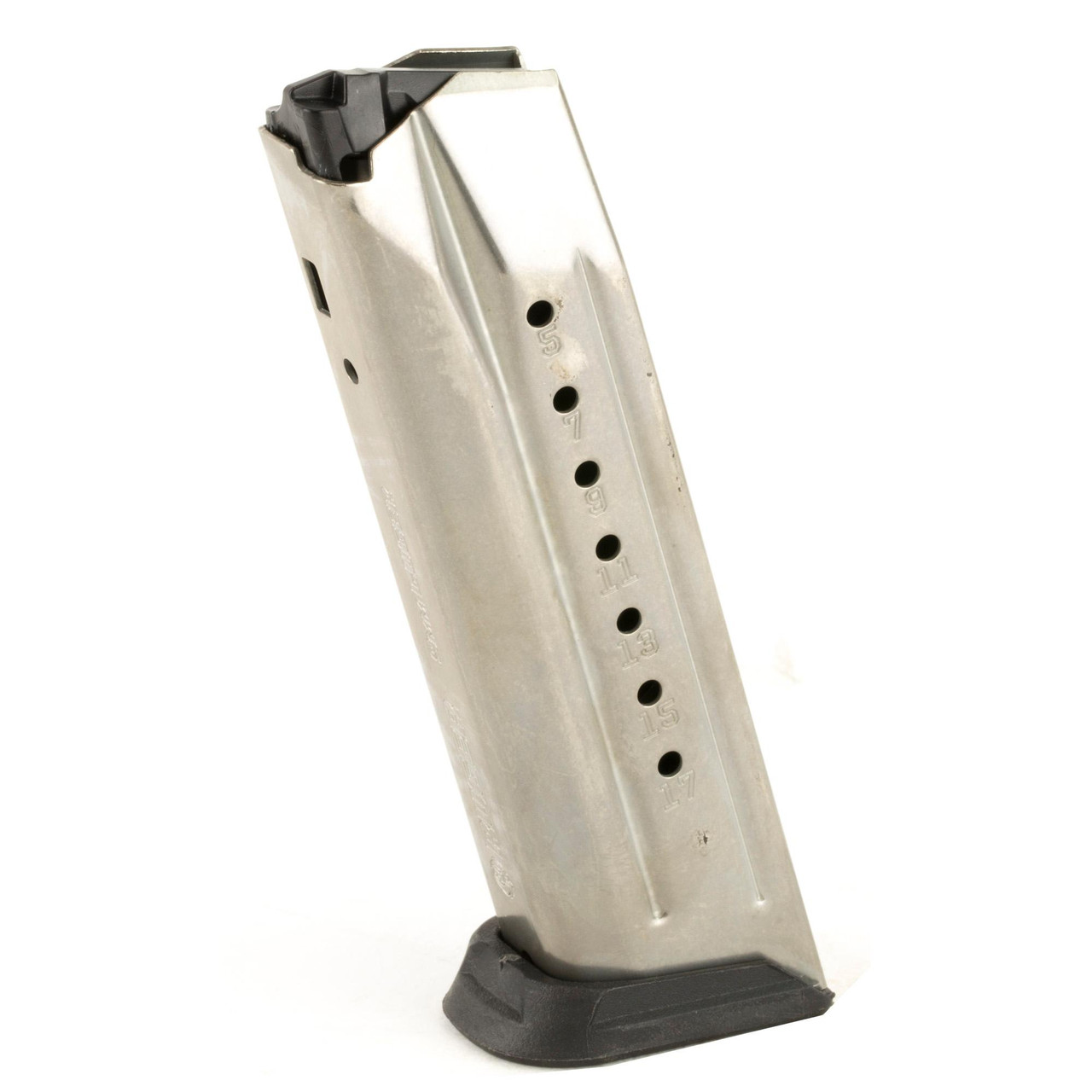 Ruger 90510, semi-automatic pistol magazine with stainless steel body and black base plate.