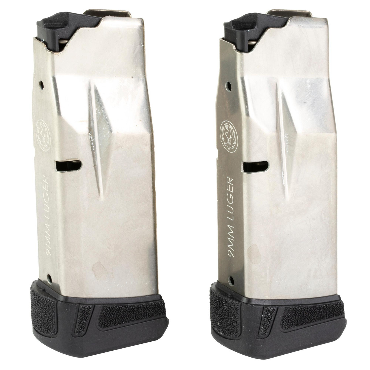 Ruger 90716, close-up of two stainless steel handgun magazines with black polymer base plates.