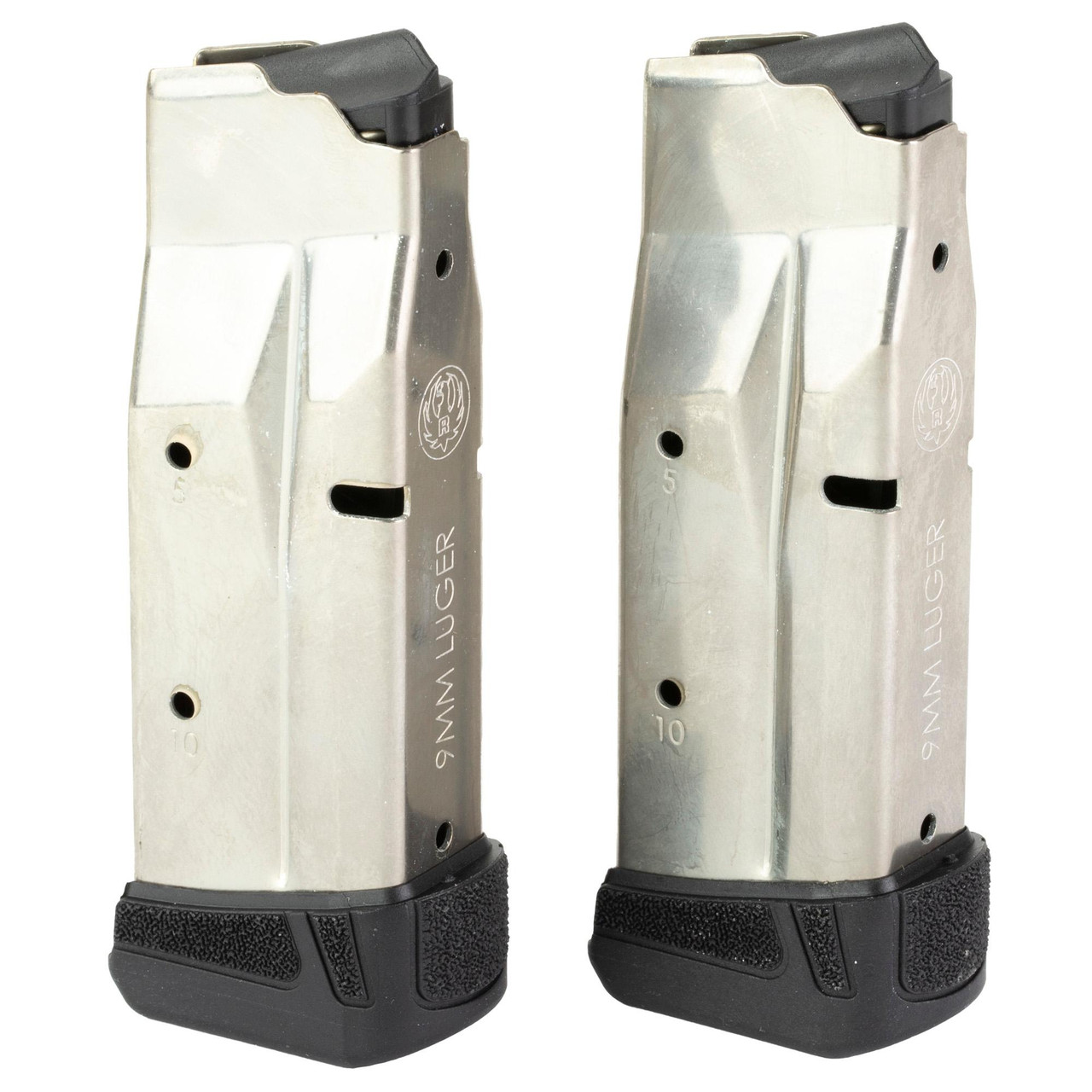 Ruger 90716, picture of two stainless steel handgun magazines with black textured bases and marked with capacity 10 rounds.