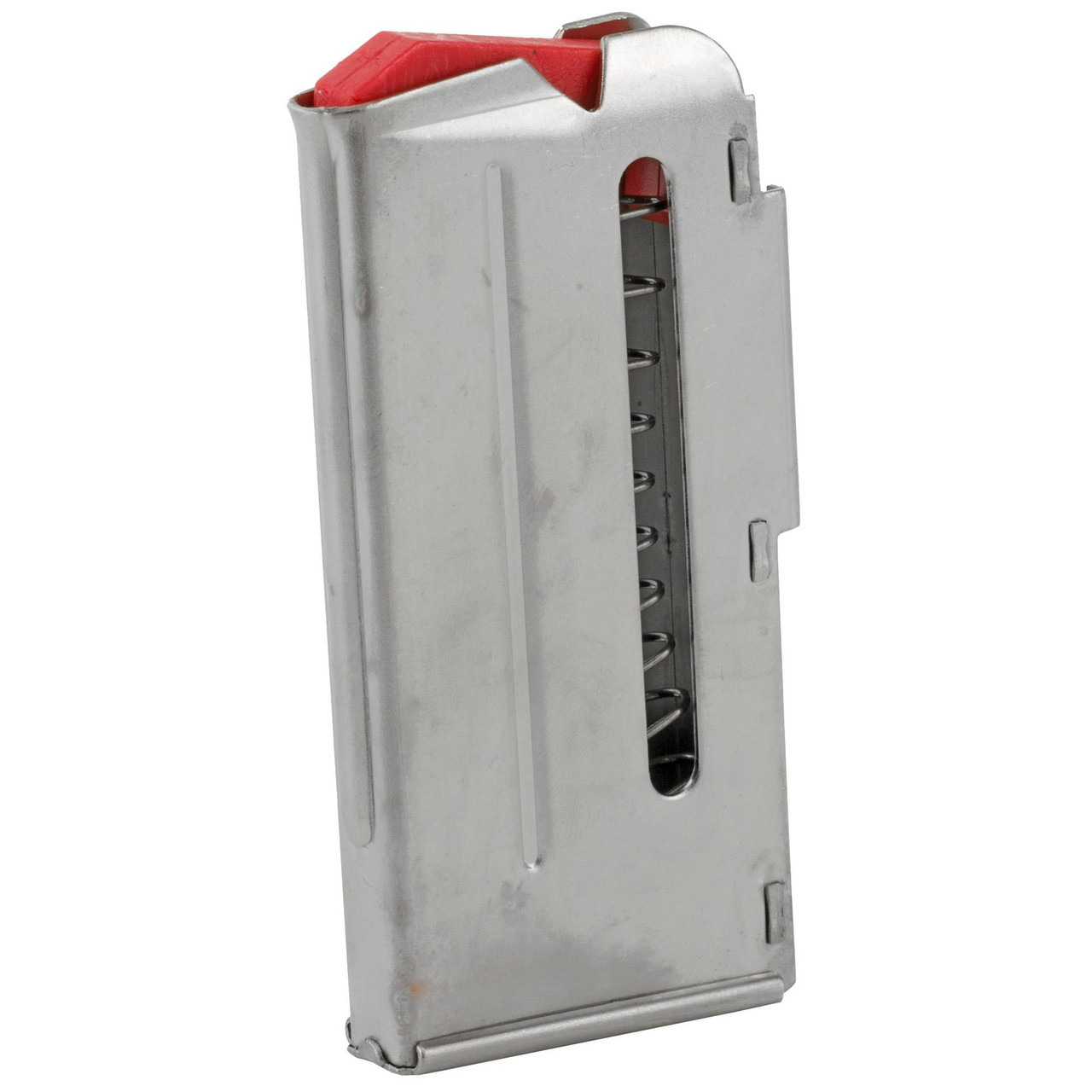 Savage Arms 90019, firearm magazine with a metallic finish and red follower.